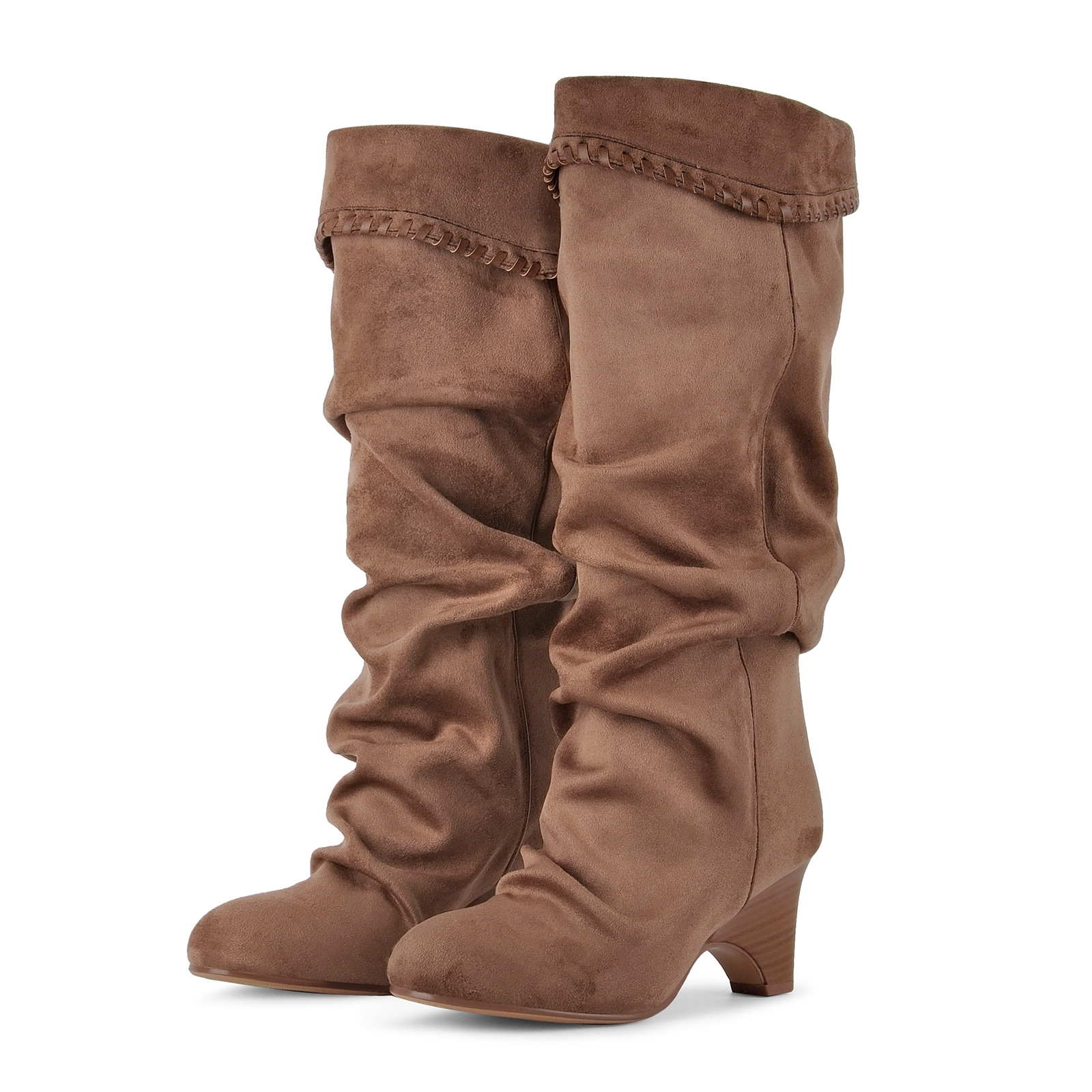 Suede Slouchy Braided Trim Wedge Heel Knee High Boots