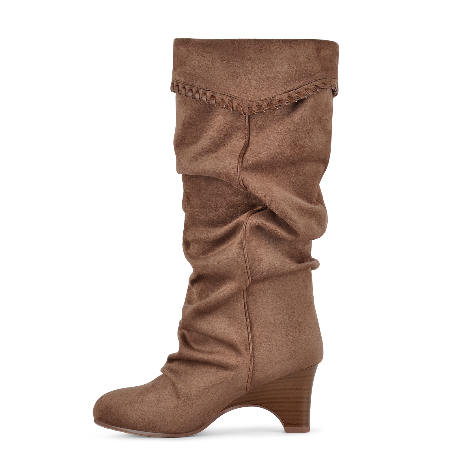Suede Slouchy Braided Trim Wedge Heel Knee High Boots