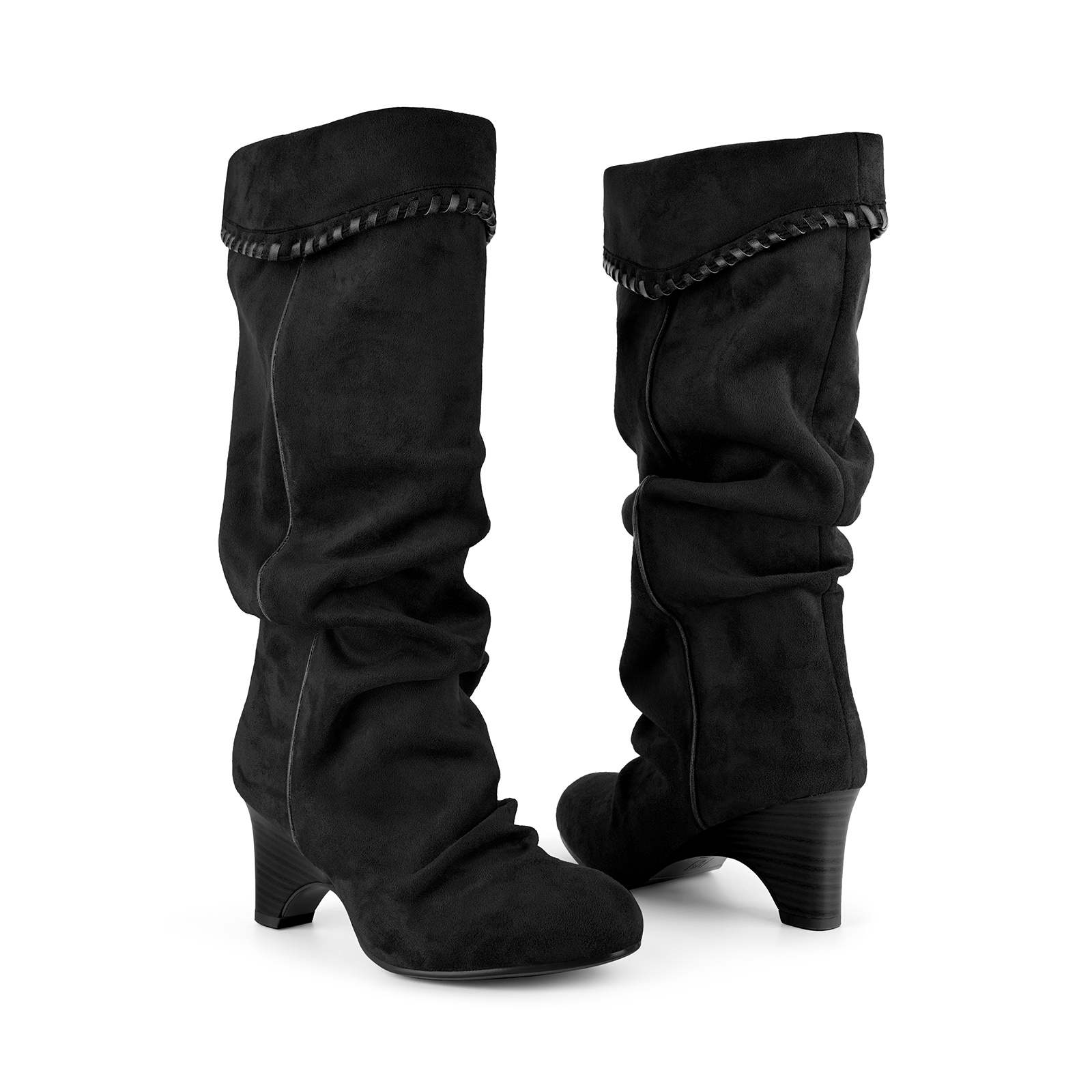 Suede Slouchy Braided Trim Wedge Heel Knee High Boots