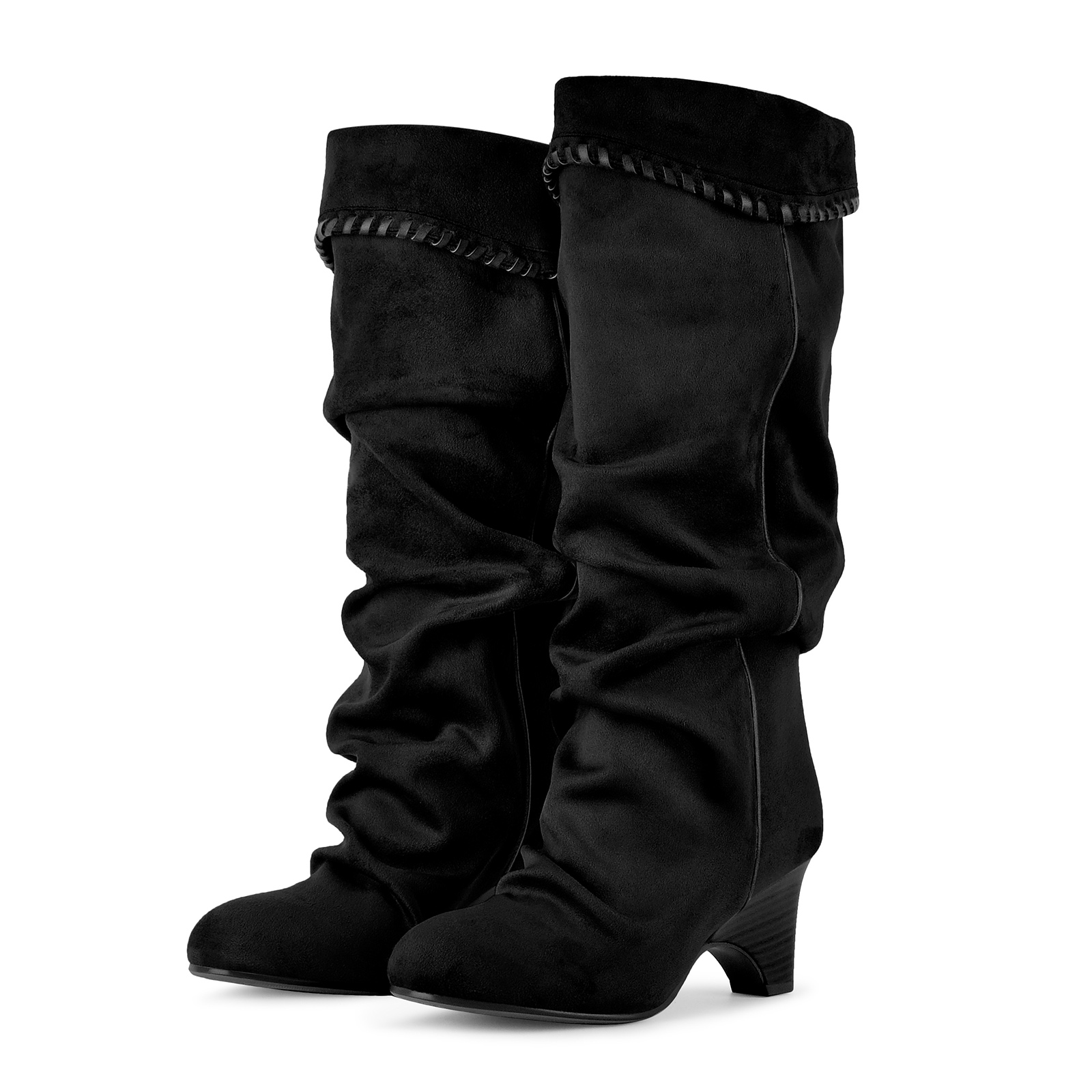 Suede Slouchy Braided Trim Wedge Heel Knee High Boots