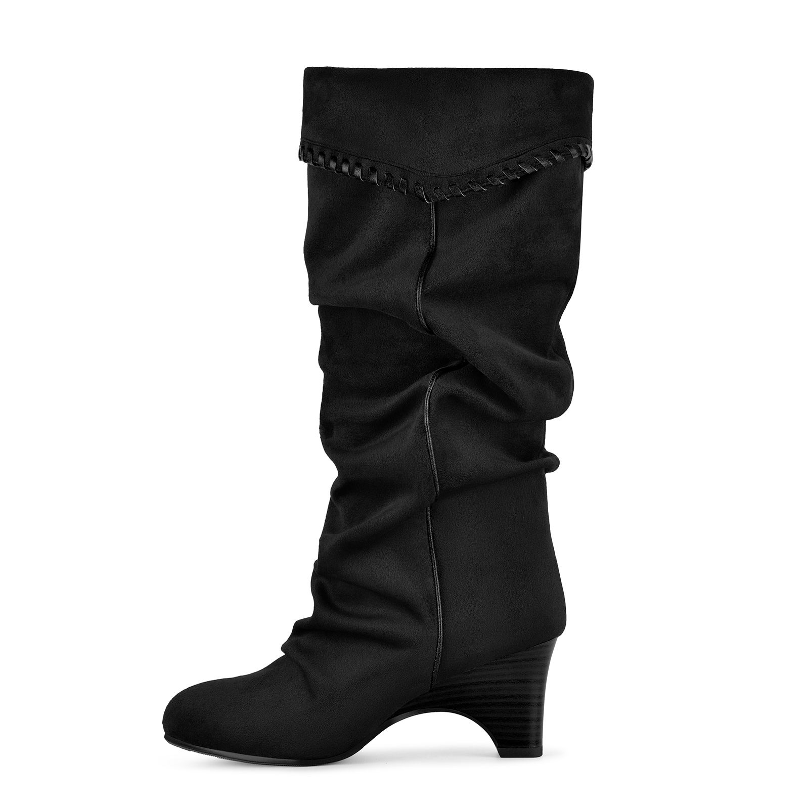 Suede Slouchy Braided Trim Wedge Heel Knee High Boots