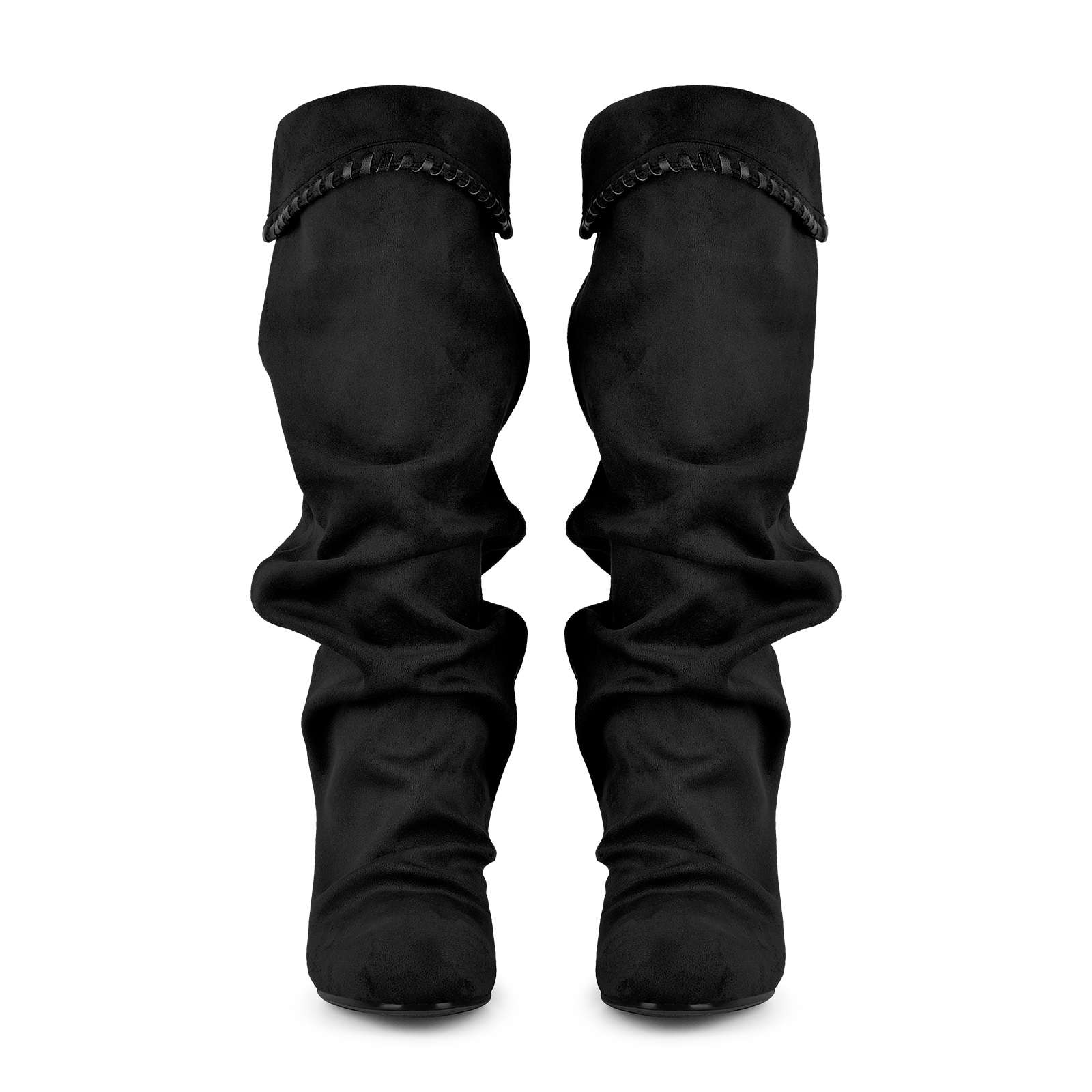Suede Slouchy Braided Trim Wedge Heel Knee High Boots