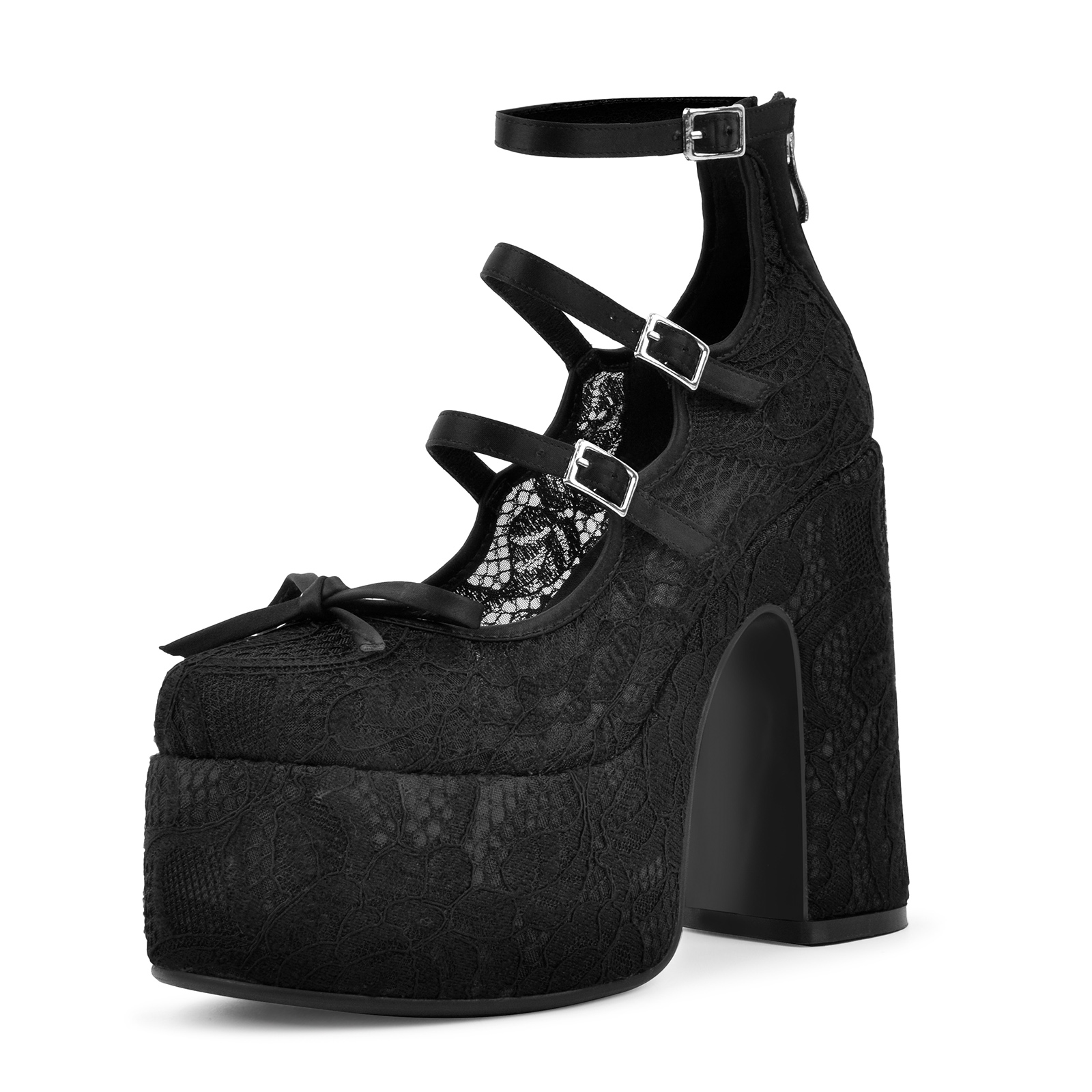 Denim Bow Platform Buckle Straps Pumps