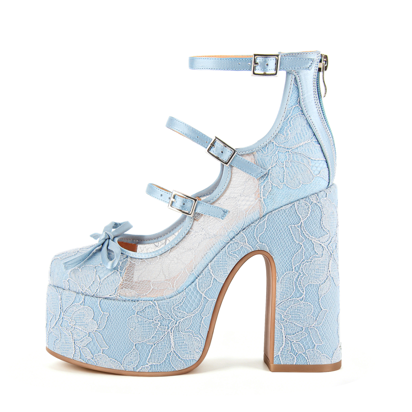 Denim Bow Platform Buckle Straps Pumps