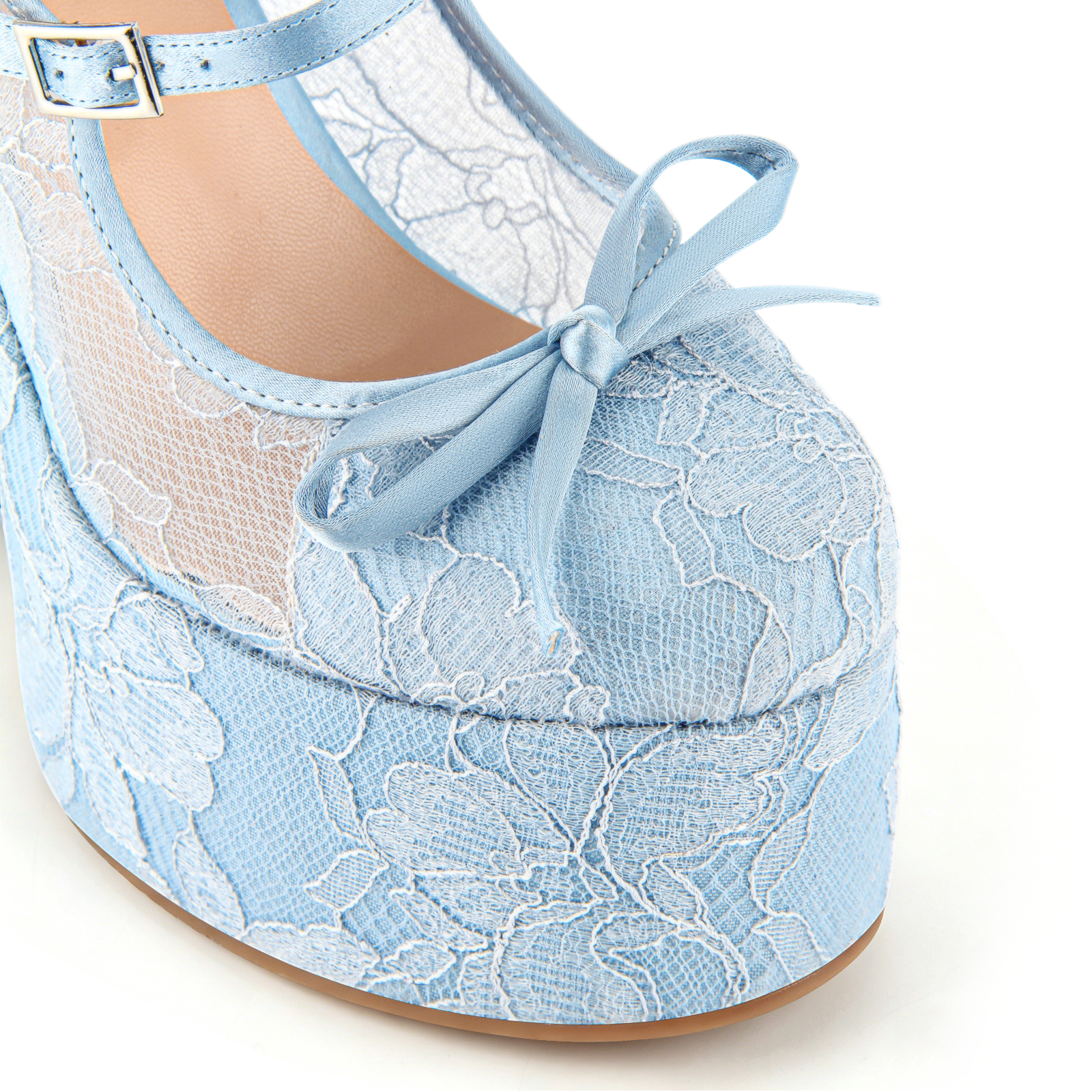 Denim Bow Platform Buckle Straps Pumps