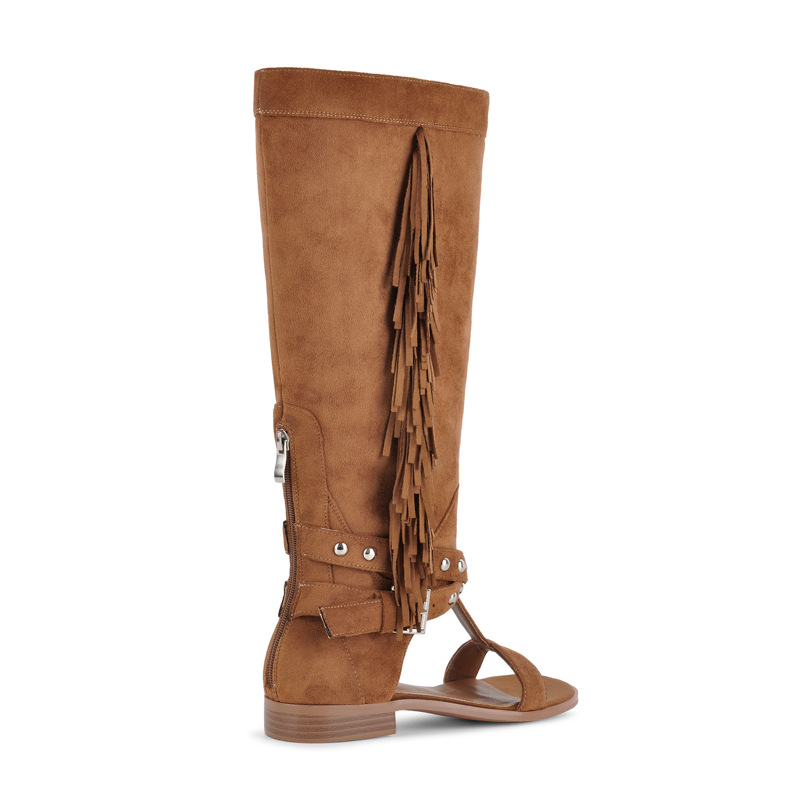 Suede Fringe Studded Cutout Knee High Flat Boots