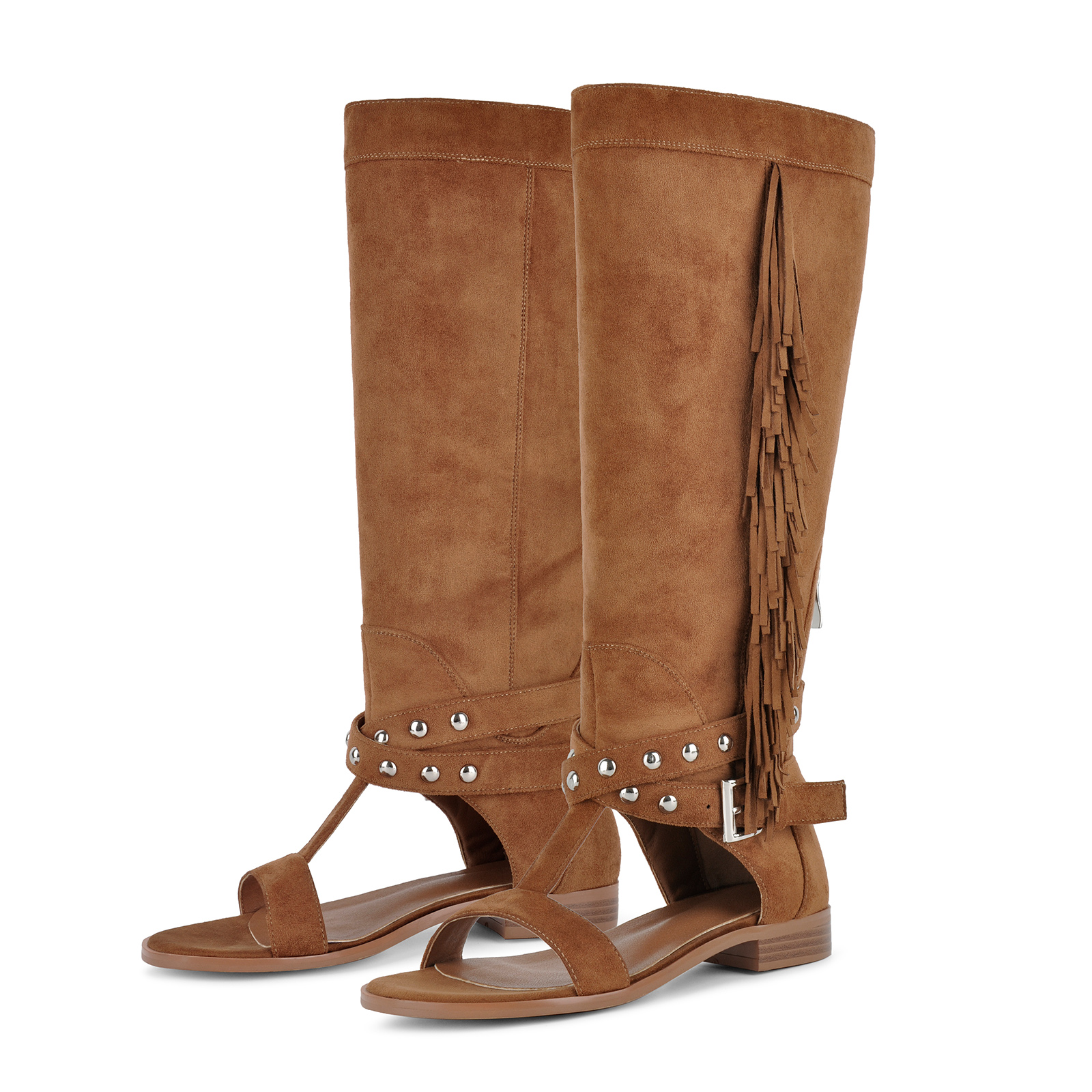 Suede Fringe Studded Cutout Knee High Flat Boots
