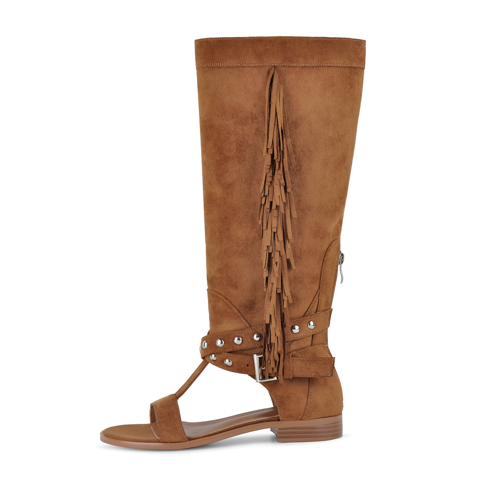 Suede Fringe Studded Cutout Knee High Flat Boots