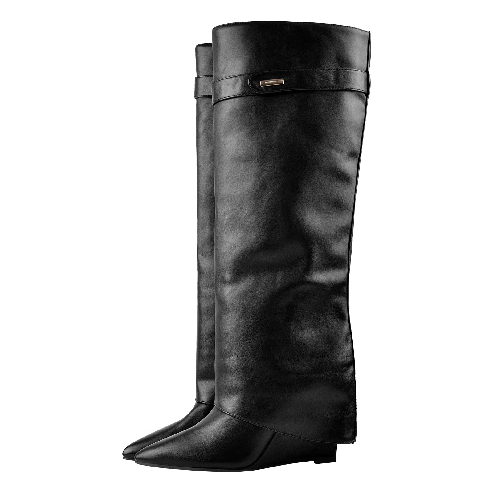 Fold Over Wedge Pointed Toe Black Boots
