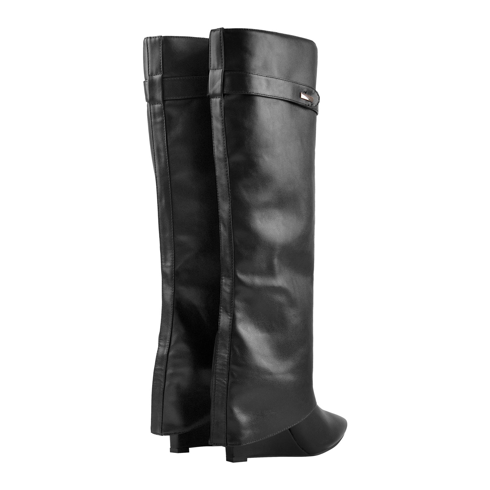 Fold Over Wedge Pointed Toe Black Boots