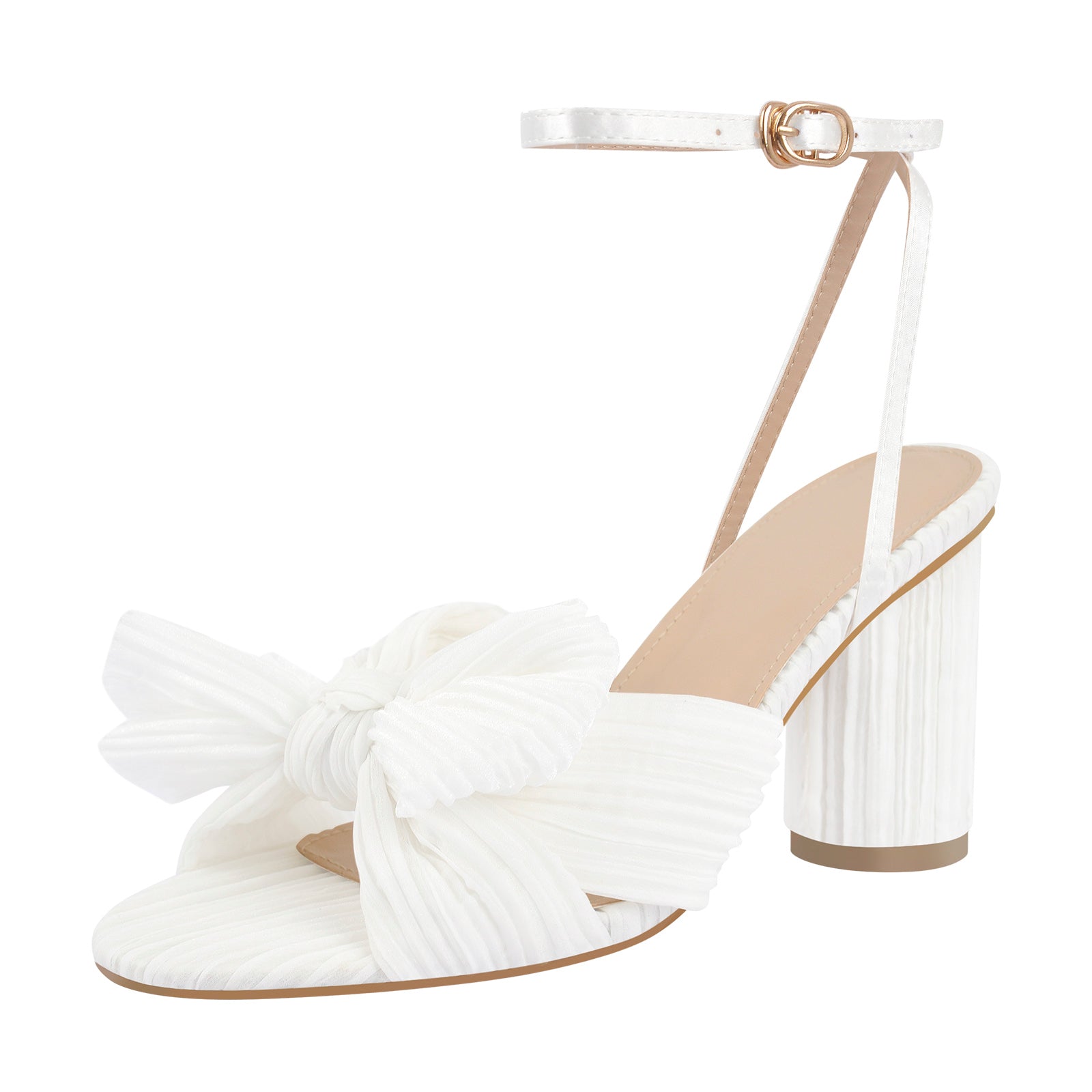 Pleated Bow Block Chunky Heel Sandals