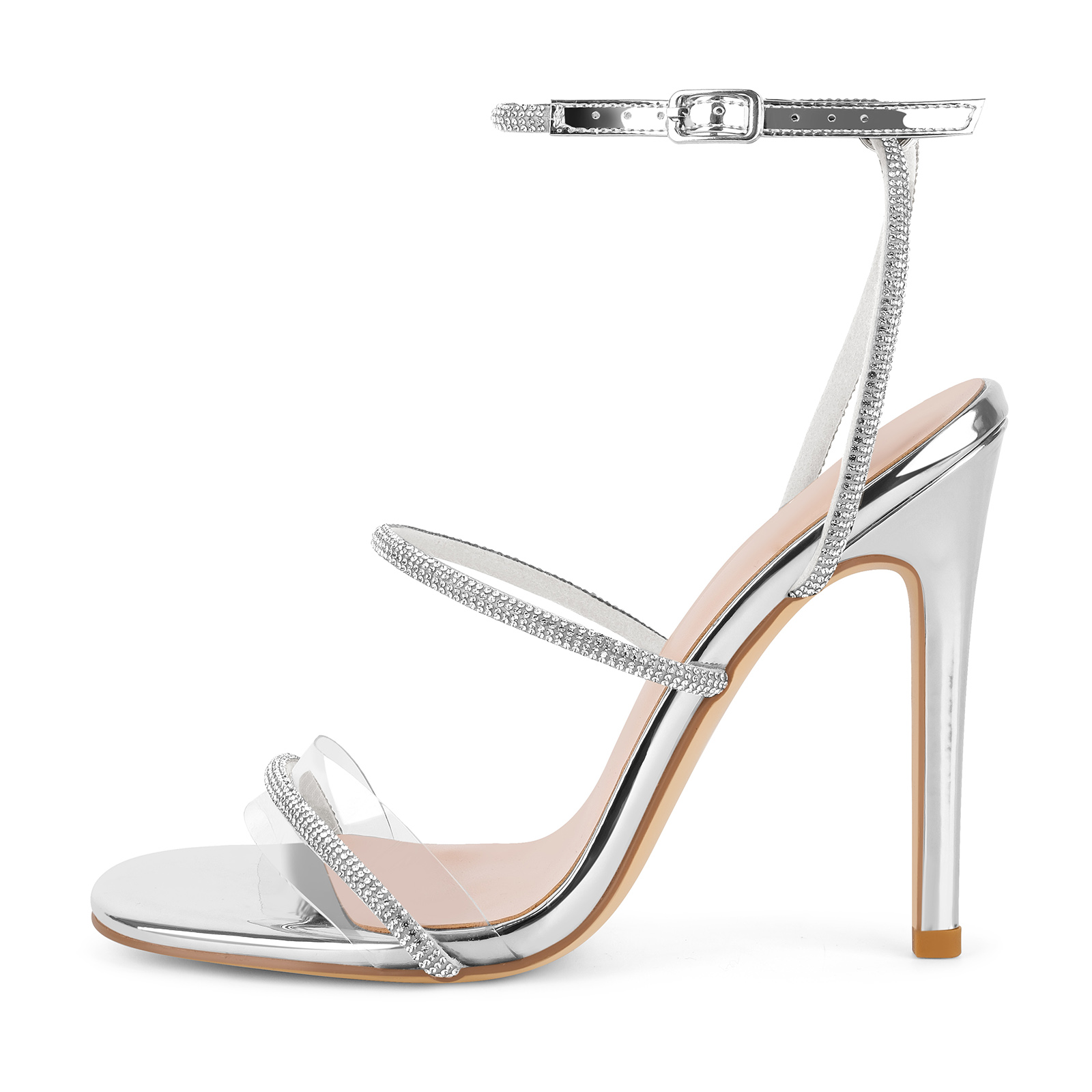 Round Toe Rhinestone Clear Ankle Strap Sandals