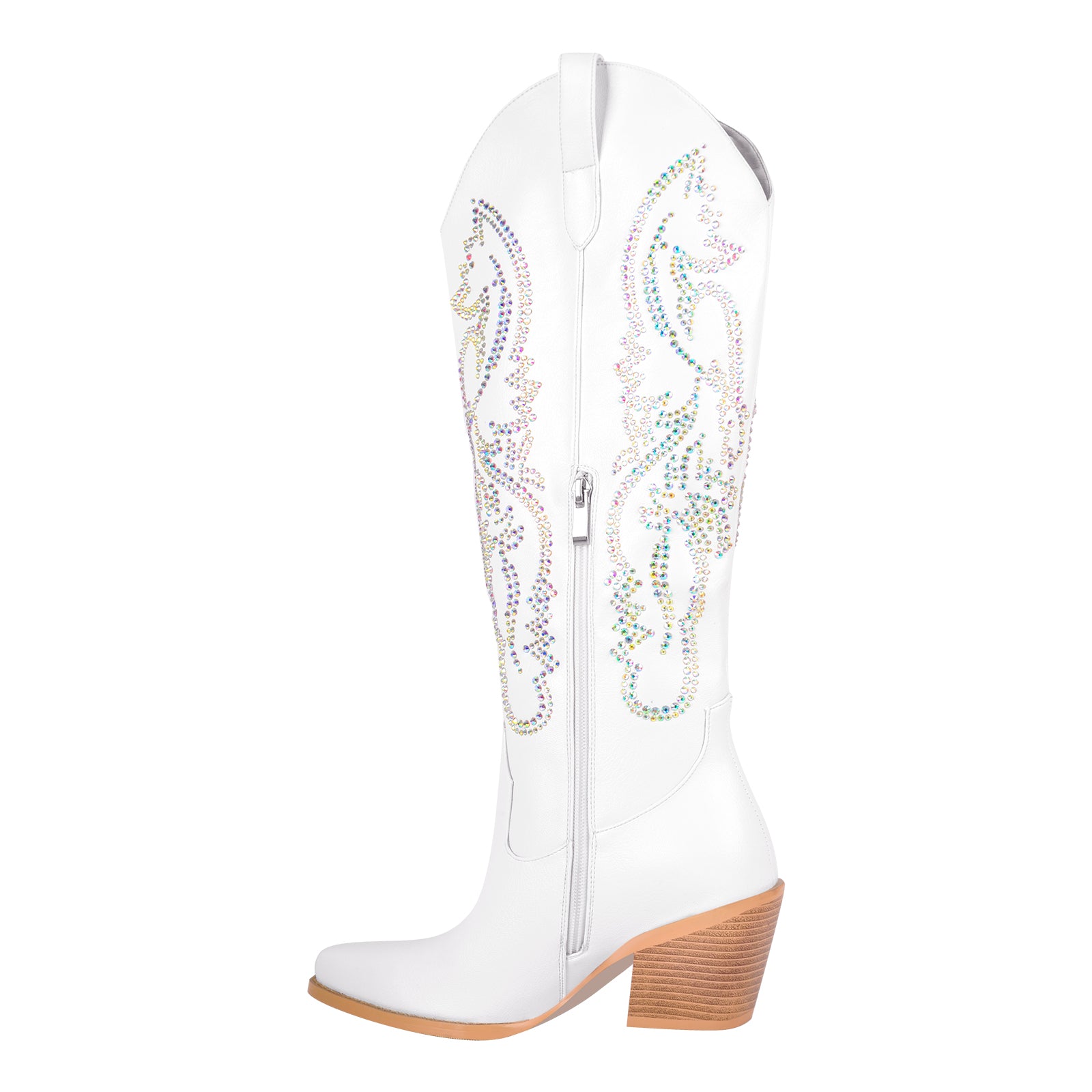 Rhinestone Embroidery Zipper White Western Boots