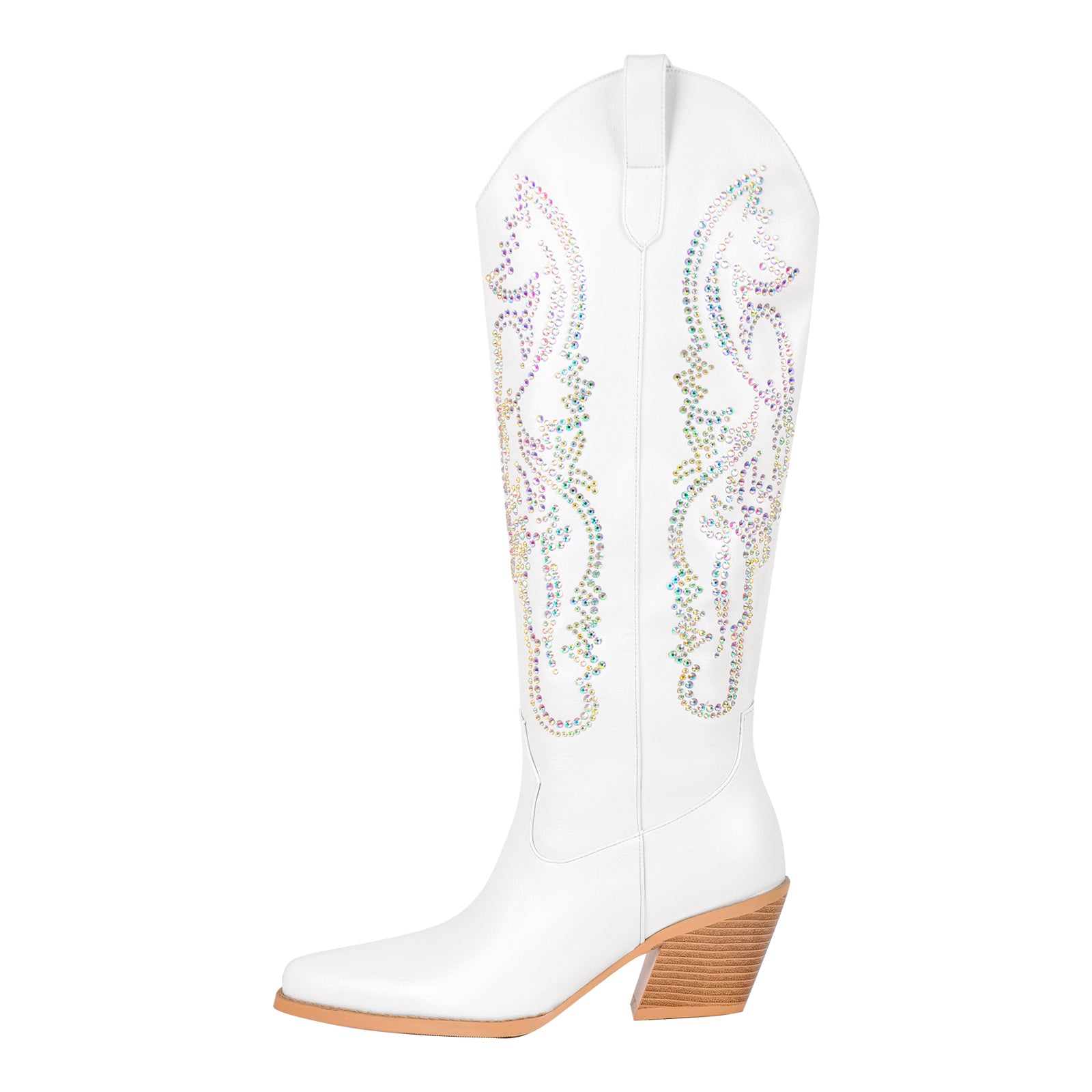 Rhinestone Embroidery Zipper White Western Boots