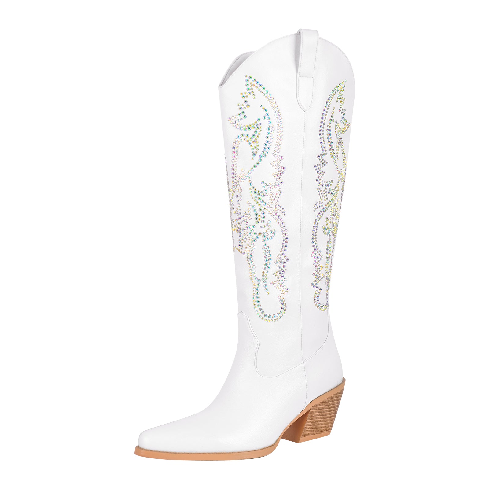 Rhinestone Embroidery Zipper White Western Boots
