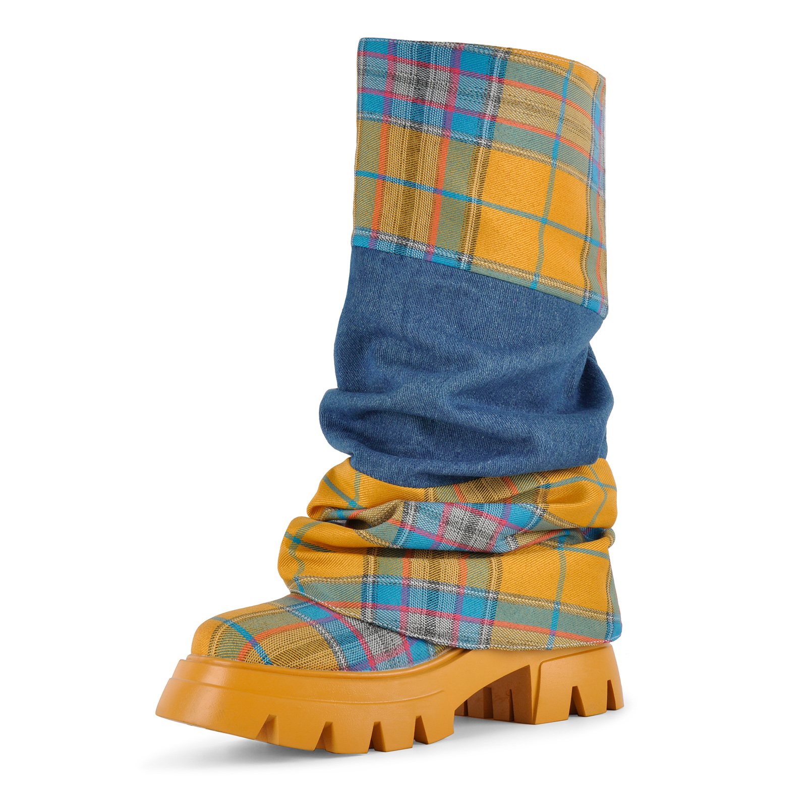 Plaid Pleated Fold Over Mid-Calf Boots