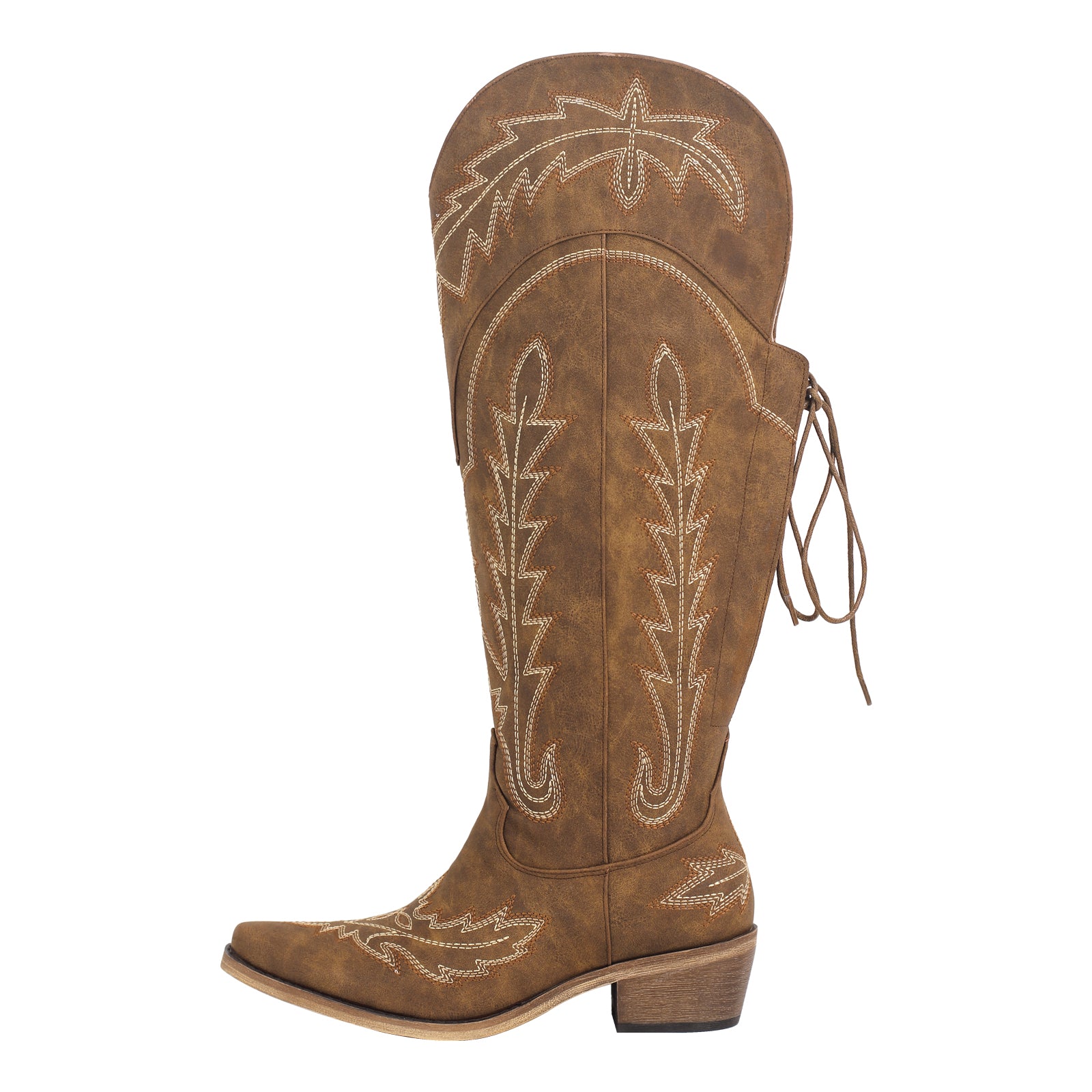 Embroidery Knee High Lace-up Western Boots