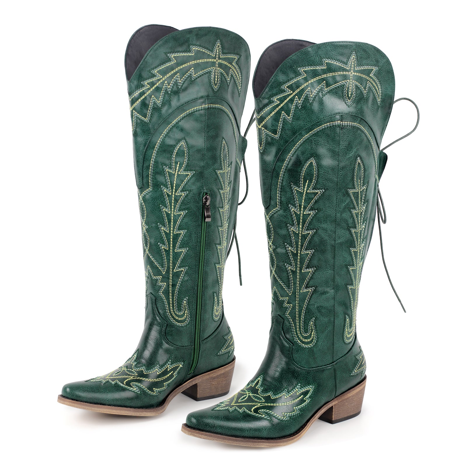 Embroidery Knee High Lace-up Western Boots