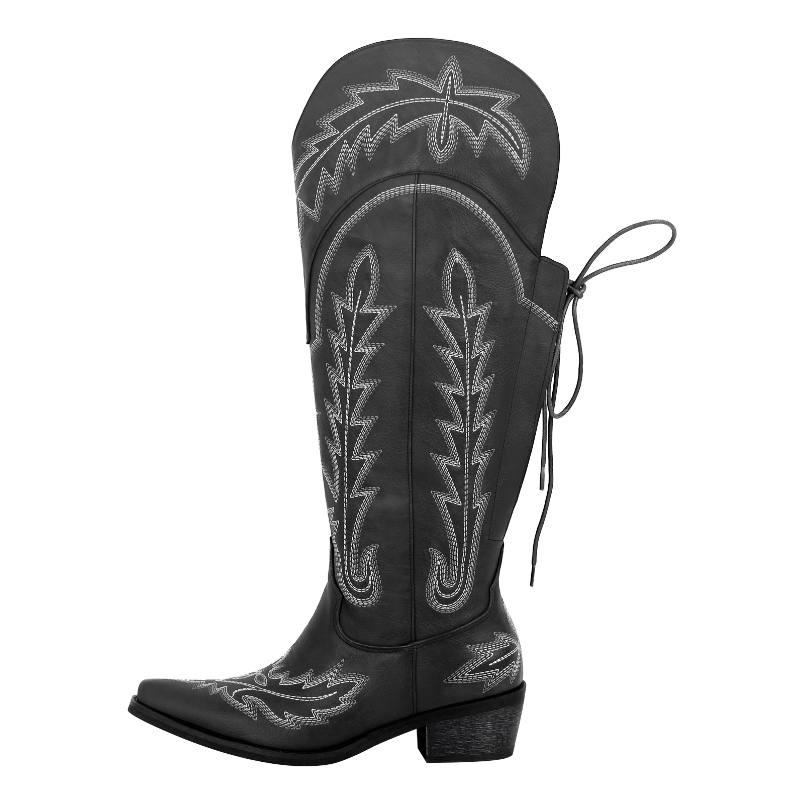 Embroidery Knee High Lace-up Western Boots