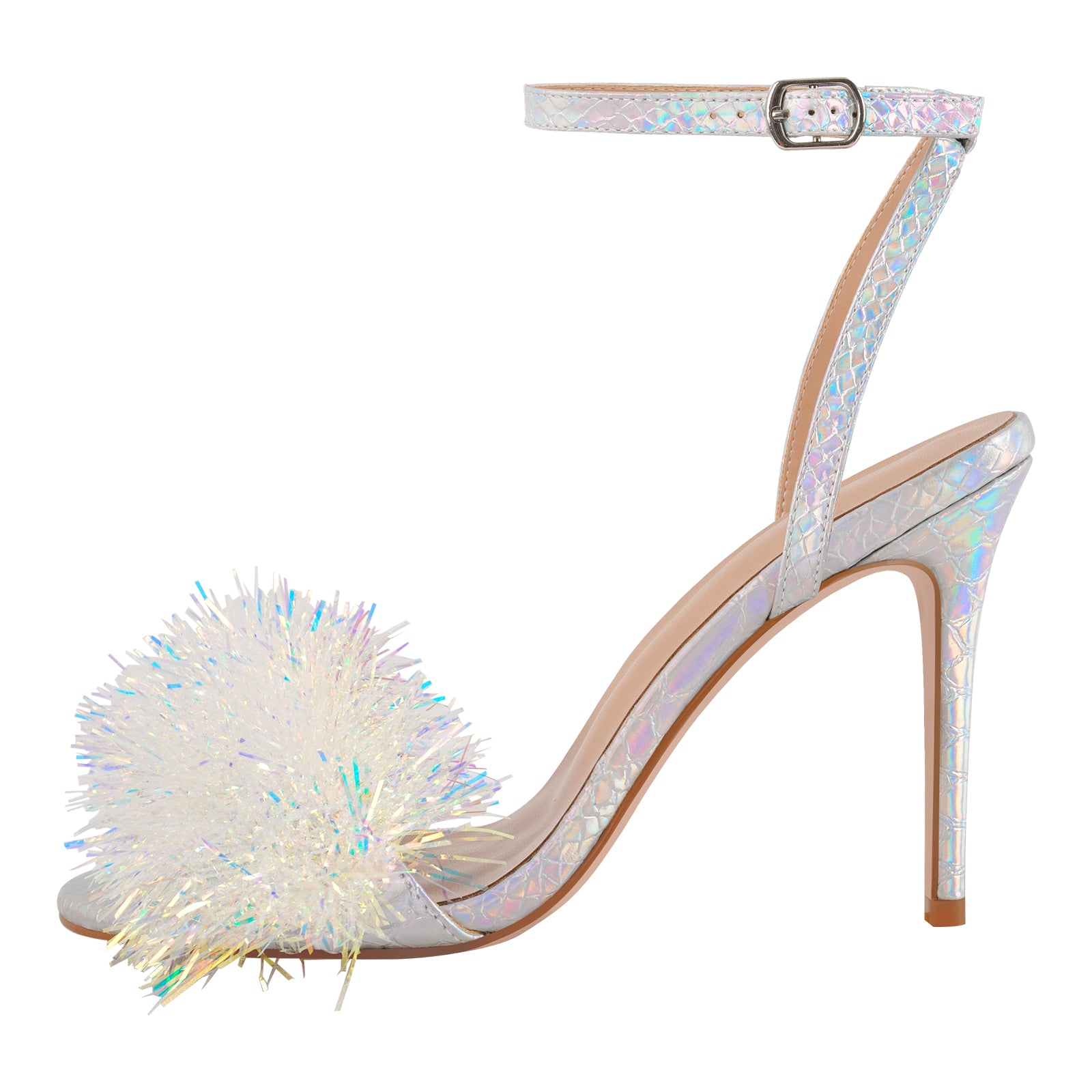 Holographic Tinsel Ankle Strap Stiletto Sandals