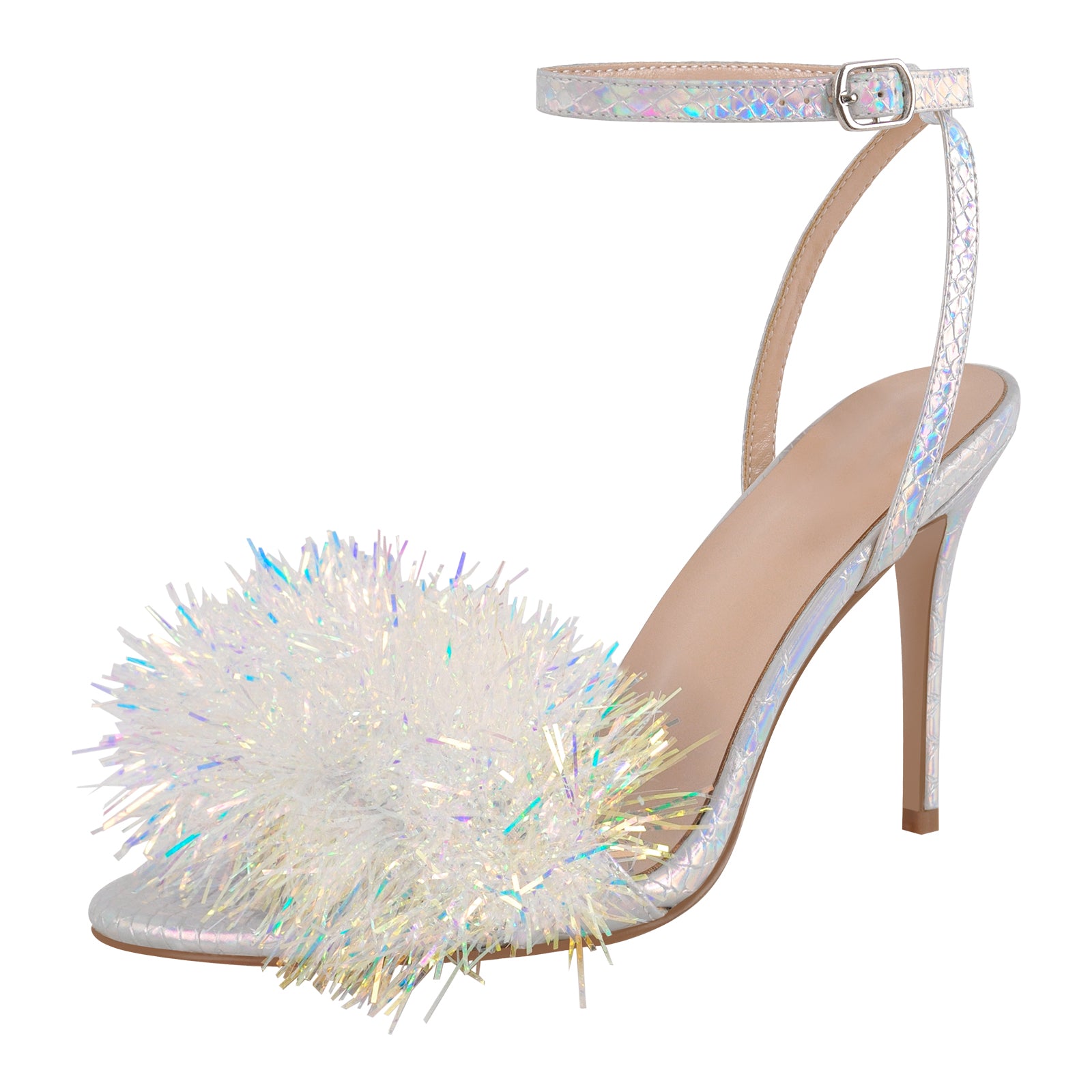 Holographic Tinsel Ankle Strap Stiletto Sandals