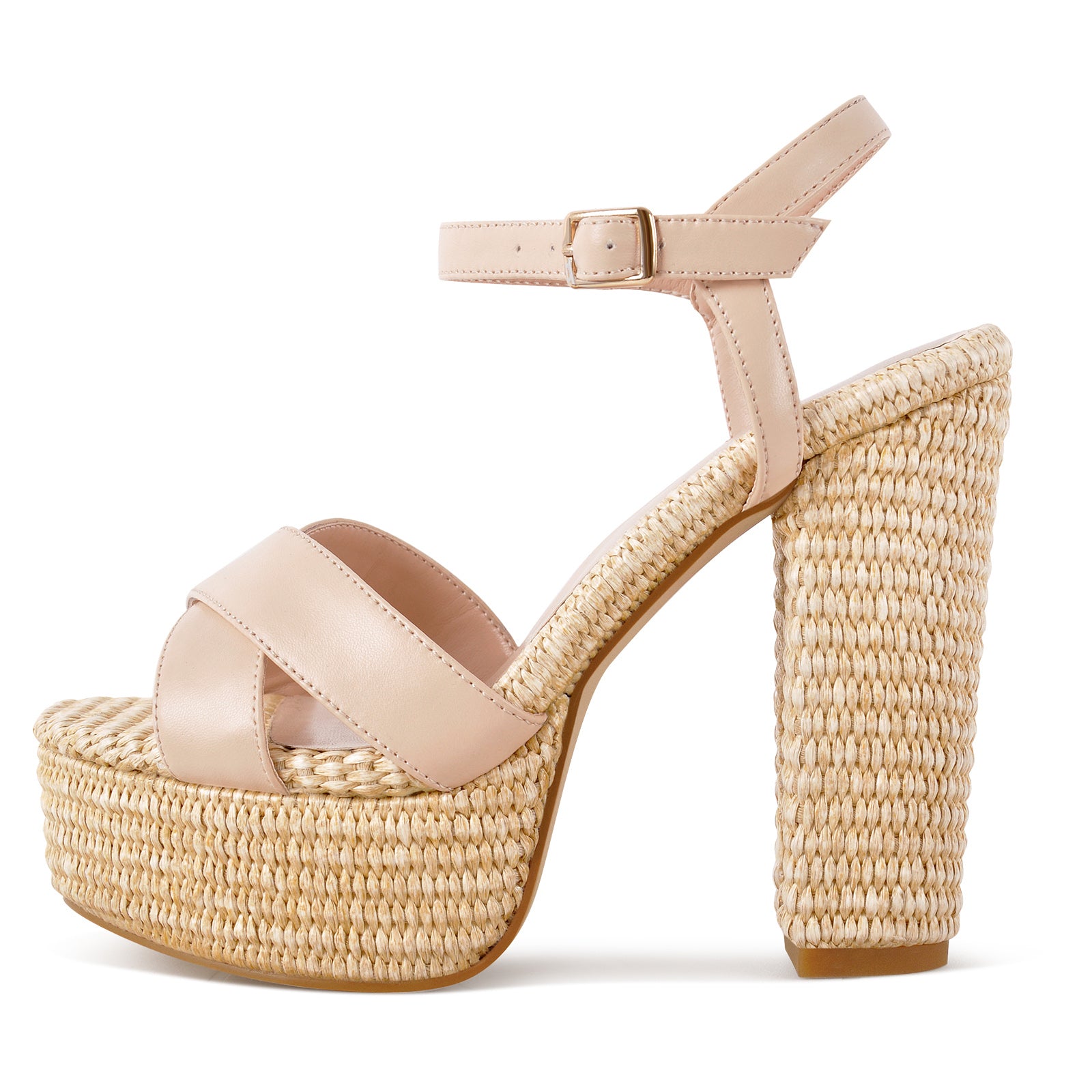Straw Platform Ankle Strap Chunky Heel Sandals
