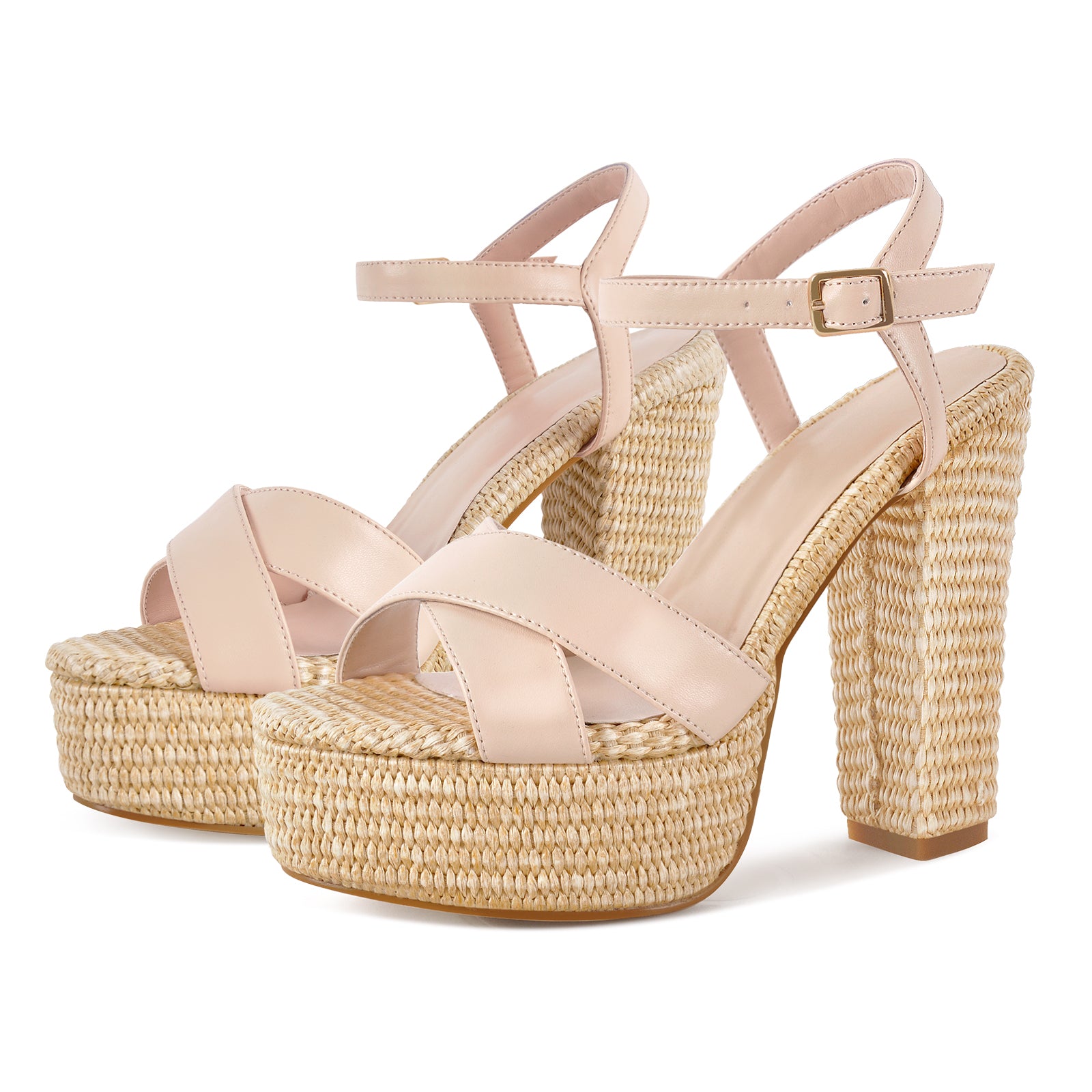Straw Platform Ankle Strap Chunky Heel Sandals