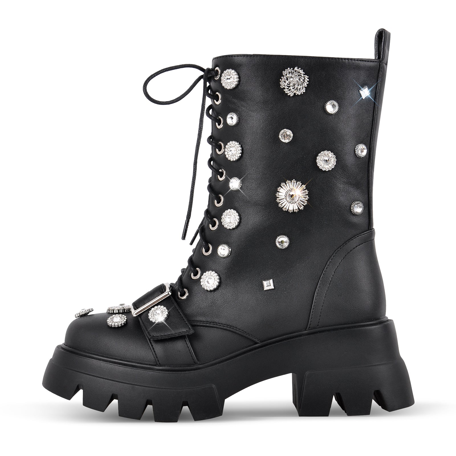 Platform Rhinestone Buckle Lace-up Ankle Boots