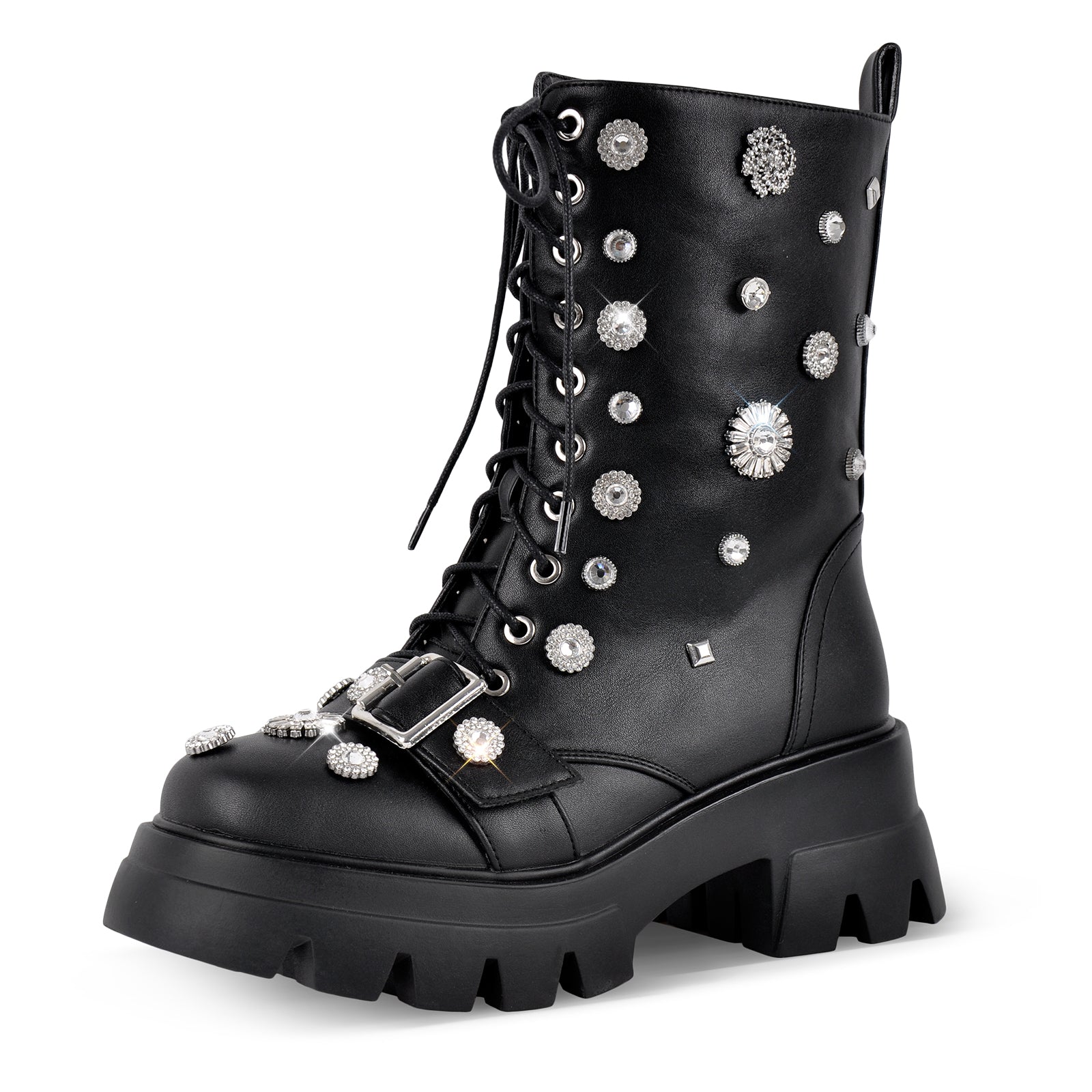 Platform Rhinestone Buckle Lace-up Ankle Boots