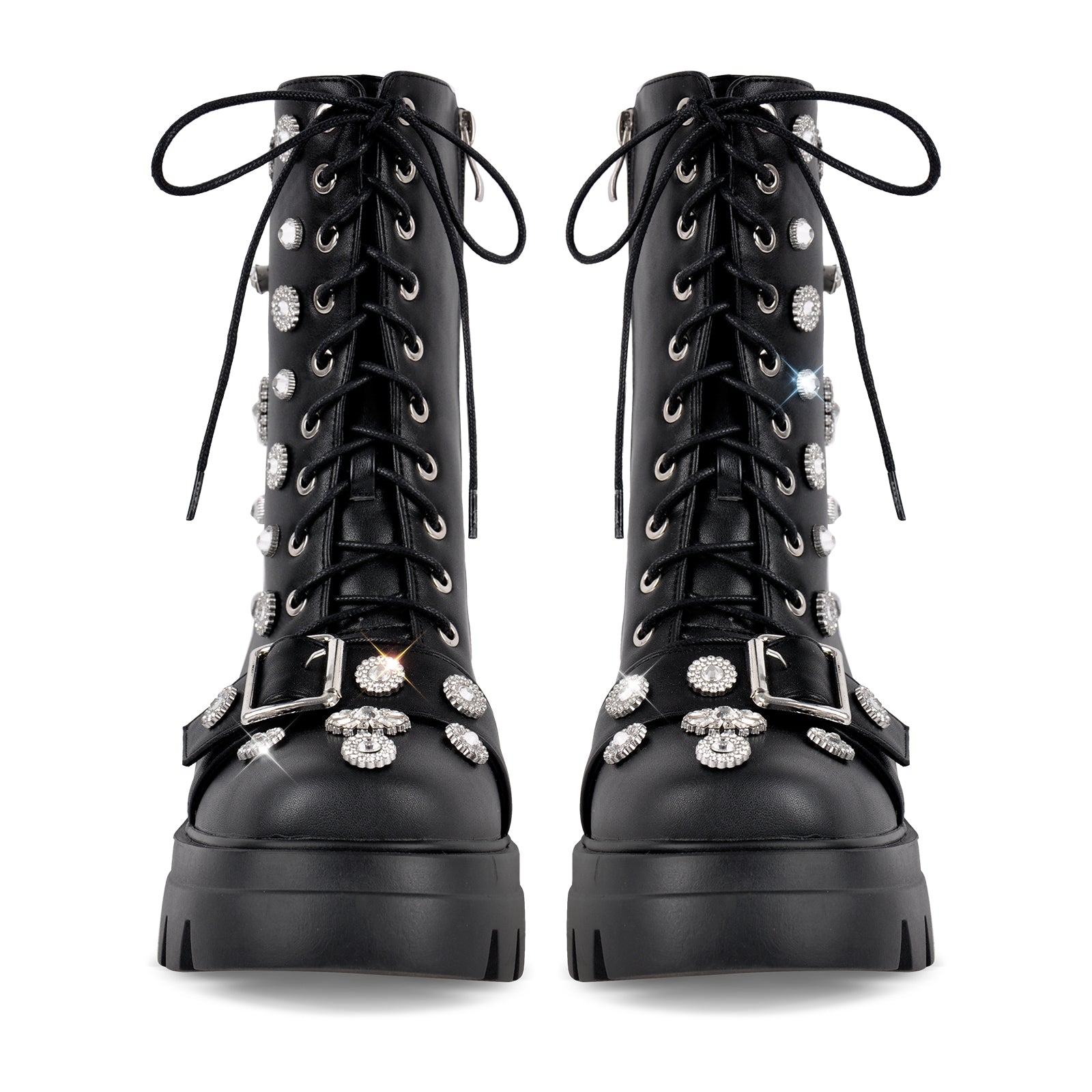 Platform Rhinestone Buckle Lace-up Ankle Boots