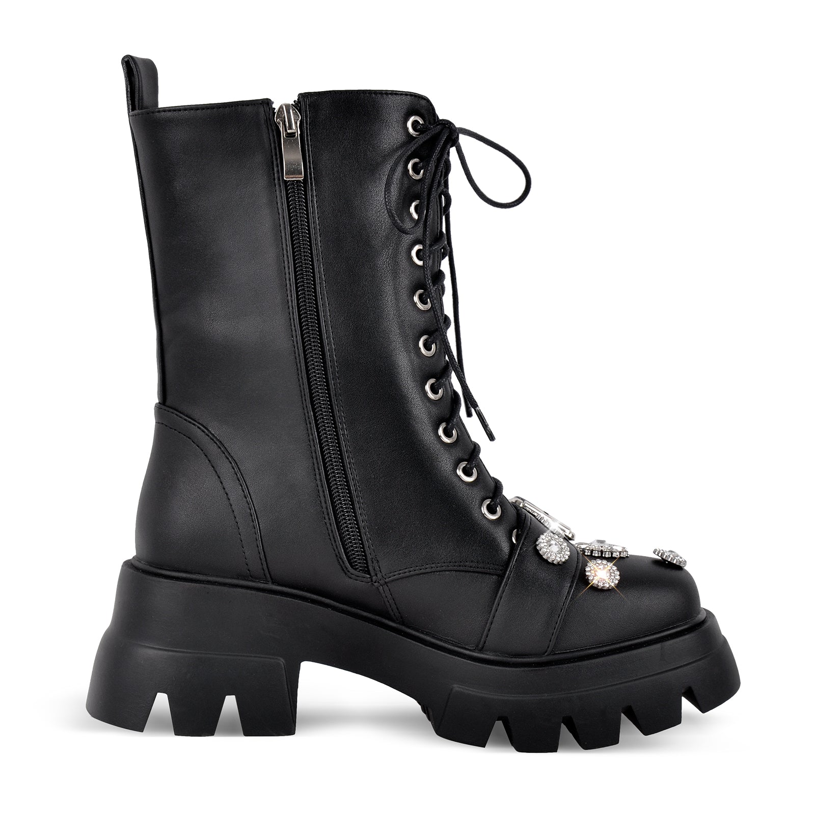 Platform Rhinestone Buckle Lace-up Ankle Boots