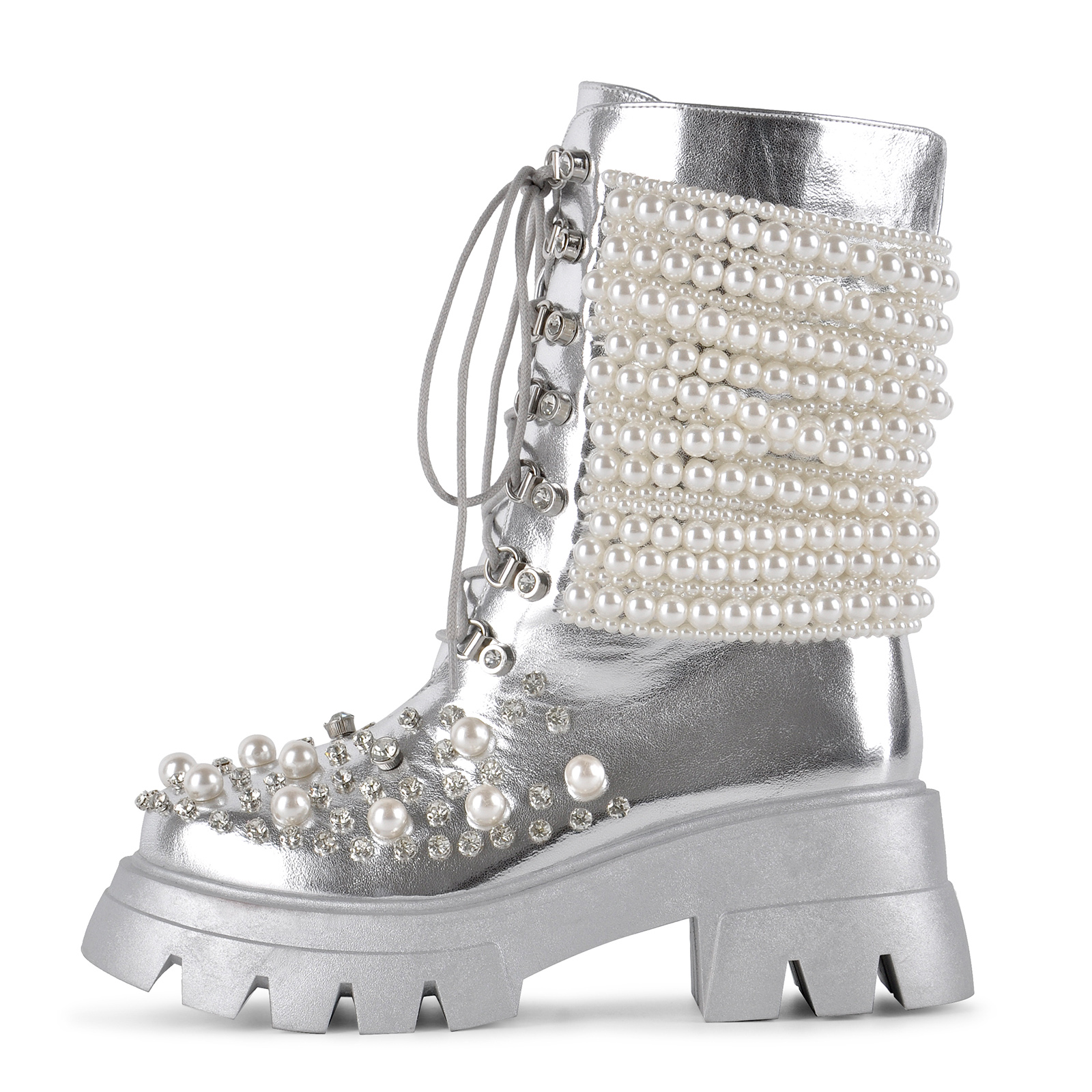 Pearl Rhinestone Embellished Platform Ankle Boots