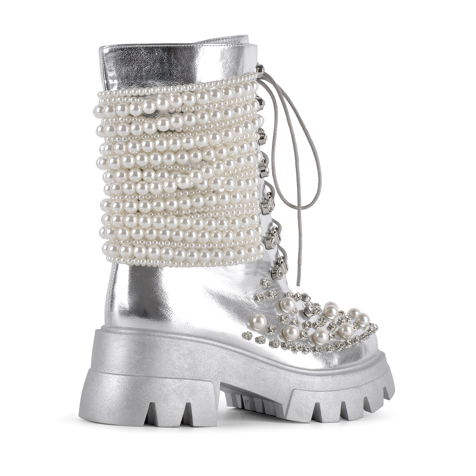 Pearl Rhinestone Embellished Platform Ankle Boots