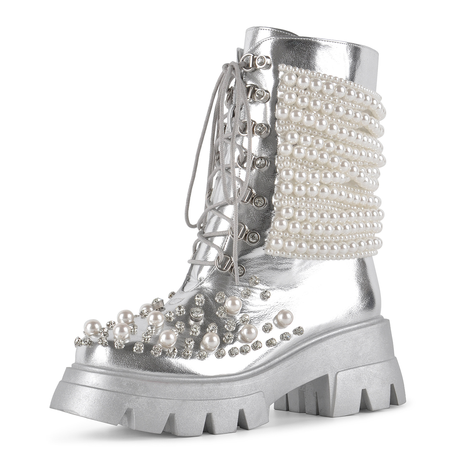 Pearl Rhinestone Embellished Platform Ankle Boots