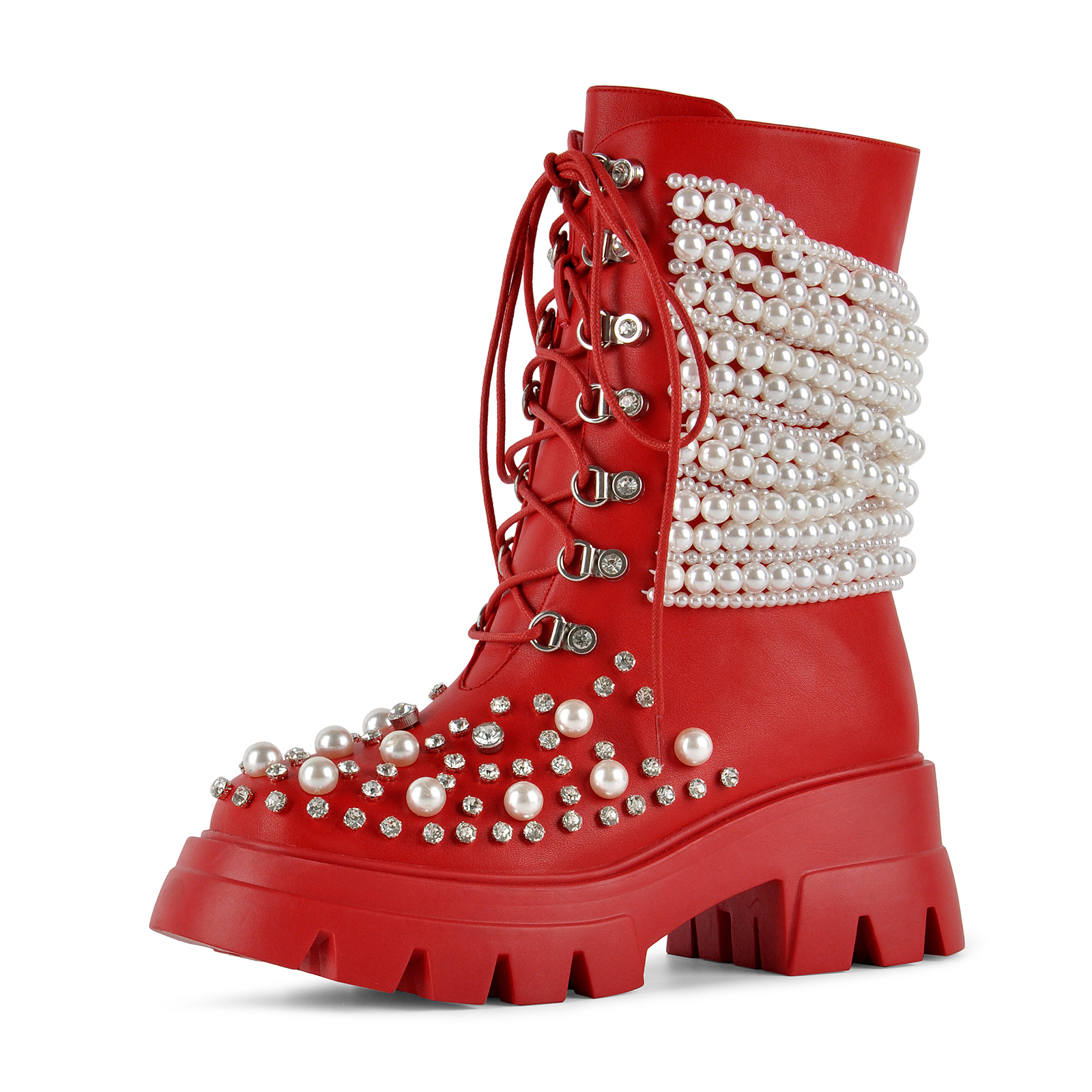 Pearl Rhinestone Embellished Platform Ankle Boots