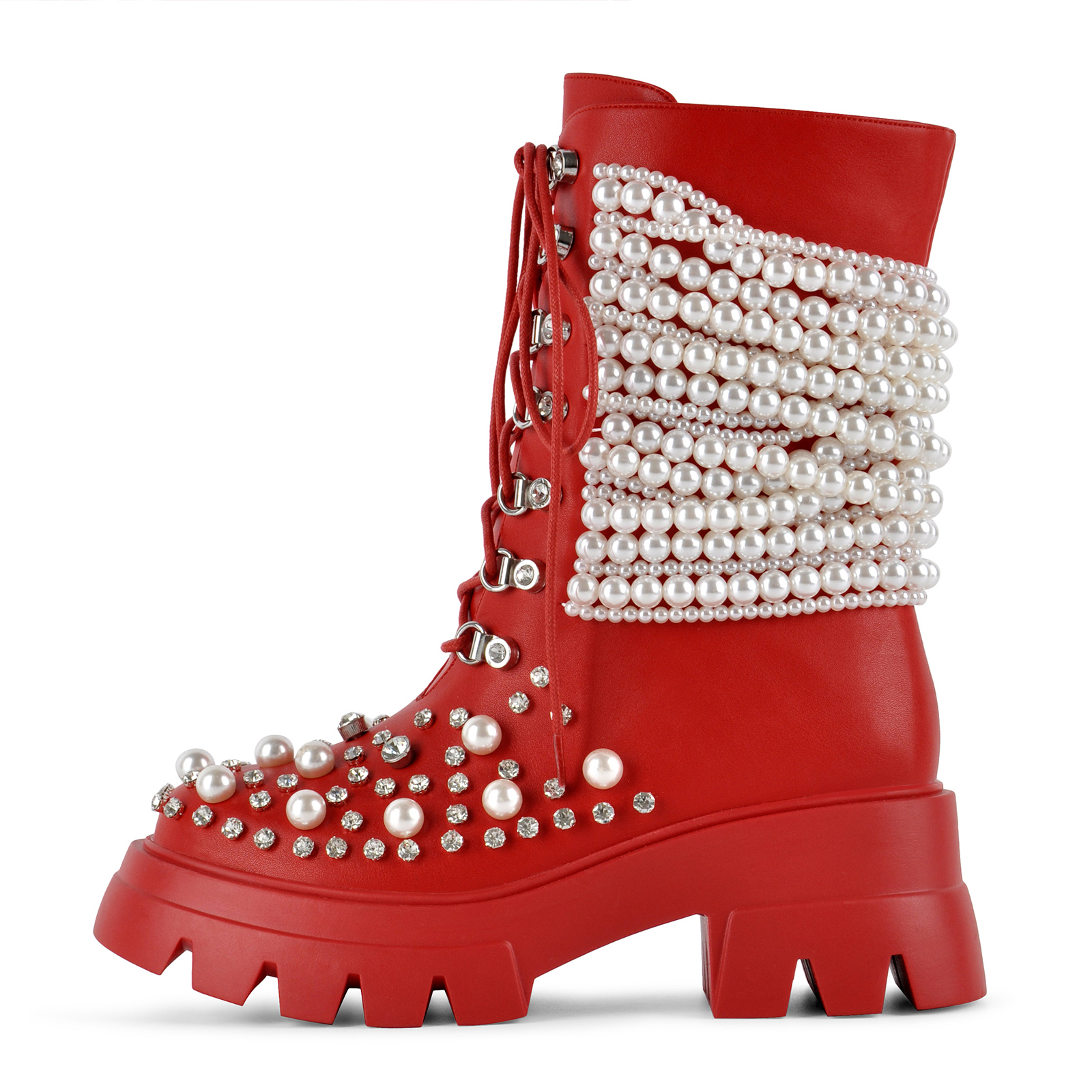 Pearl Rhinestone Embellished Platform Ankle Boots