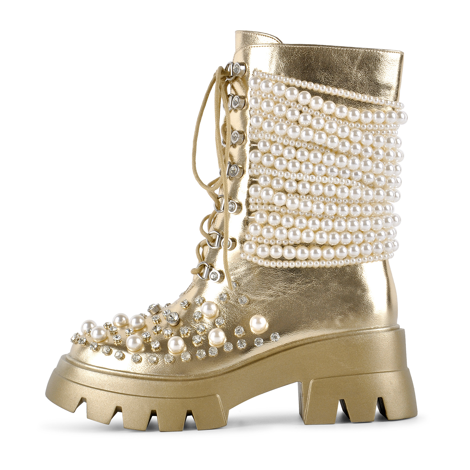 Pearl Rhinestone Embellished Platform Ankle Boots