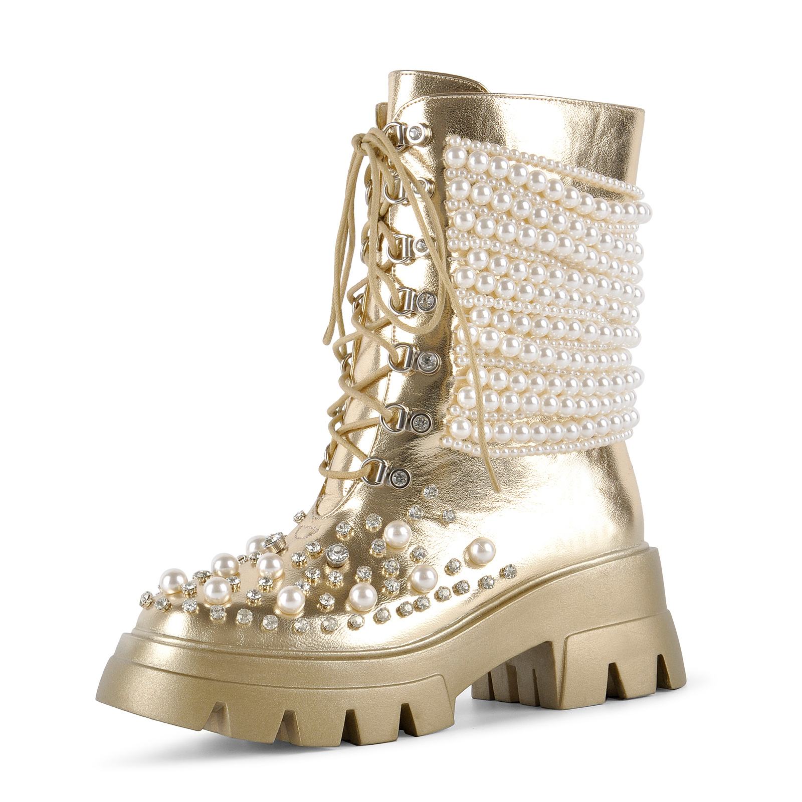 Pearl Rhinestone Embellished Platform Ankle Boots