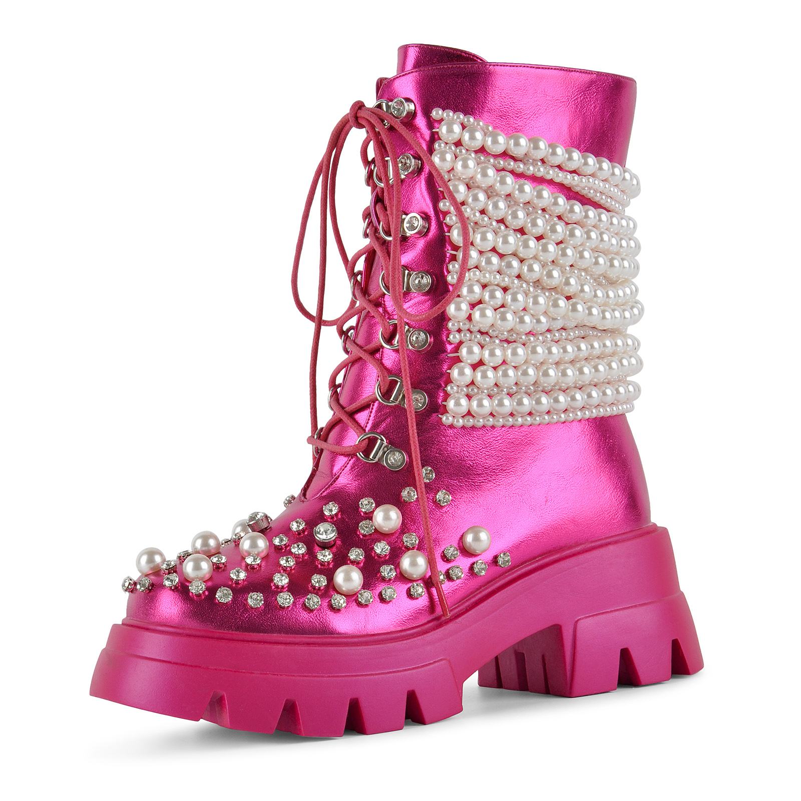 Pearl Rhinestone Embellished Platform Ankle Boots