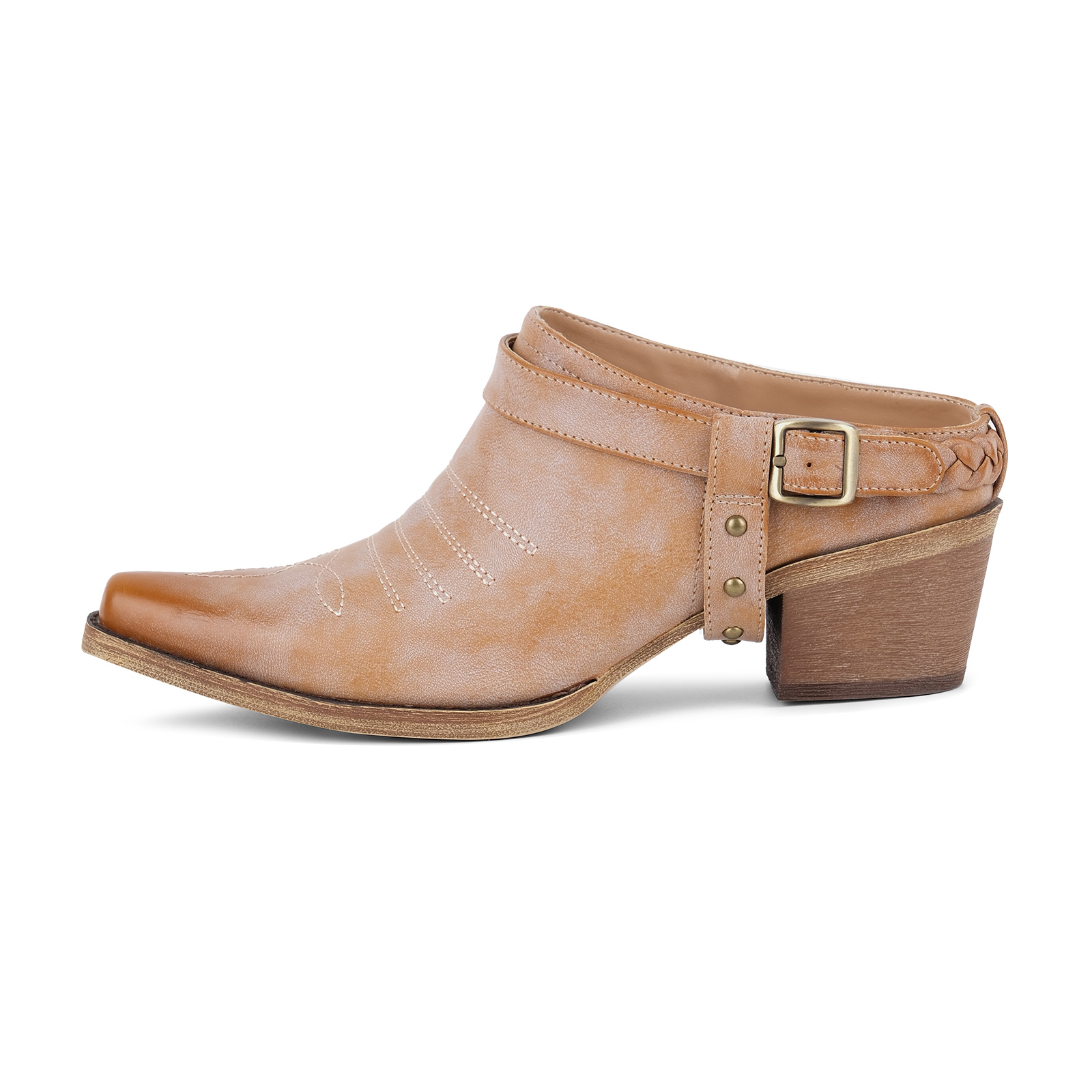 Studded Buckle Strap Western Mules