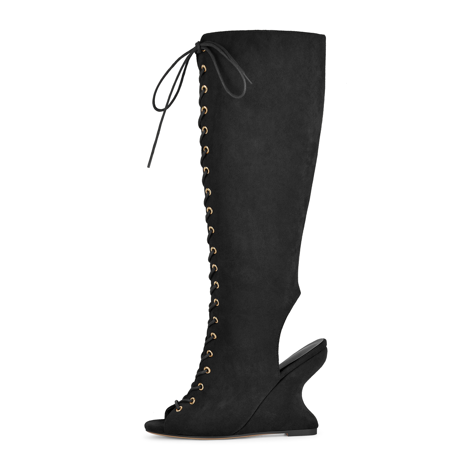 Open Toe Lace-up Wedge Heel Knee High Boots