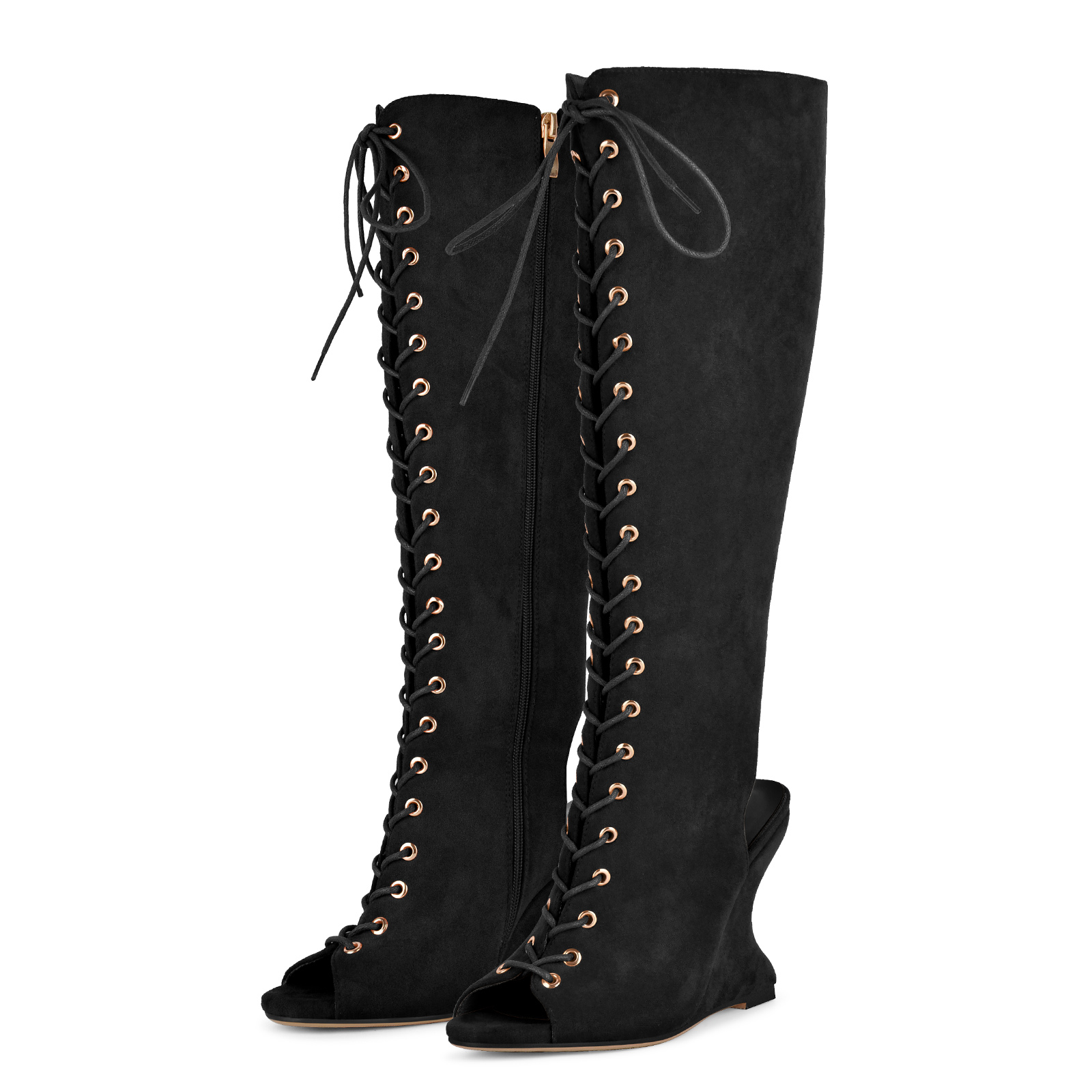 Open Toe Lace-up Wedge Heel Knee High Boots