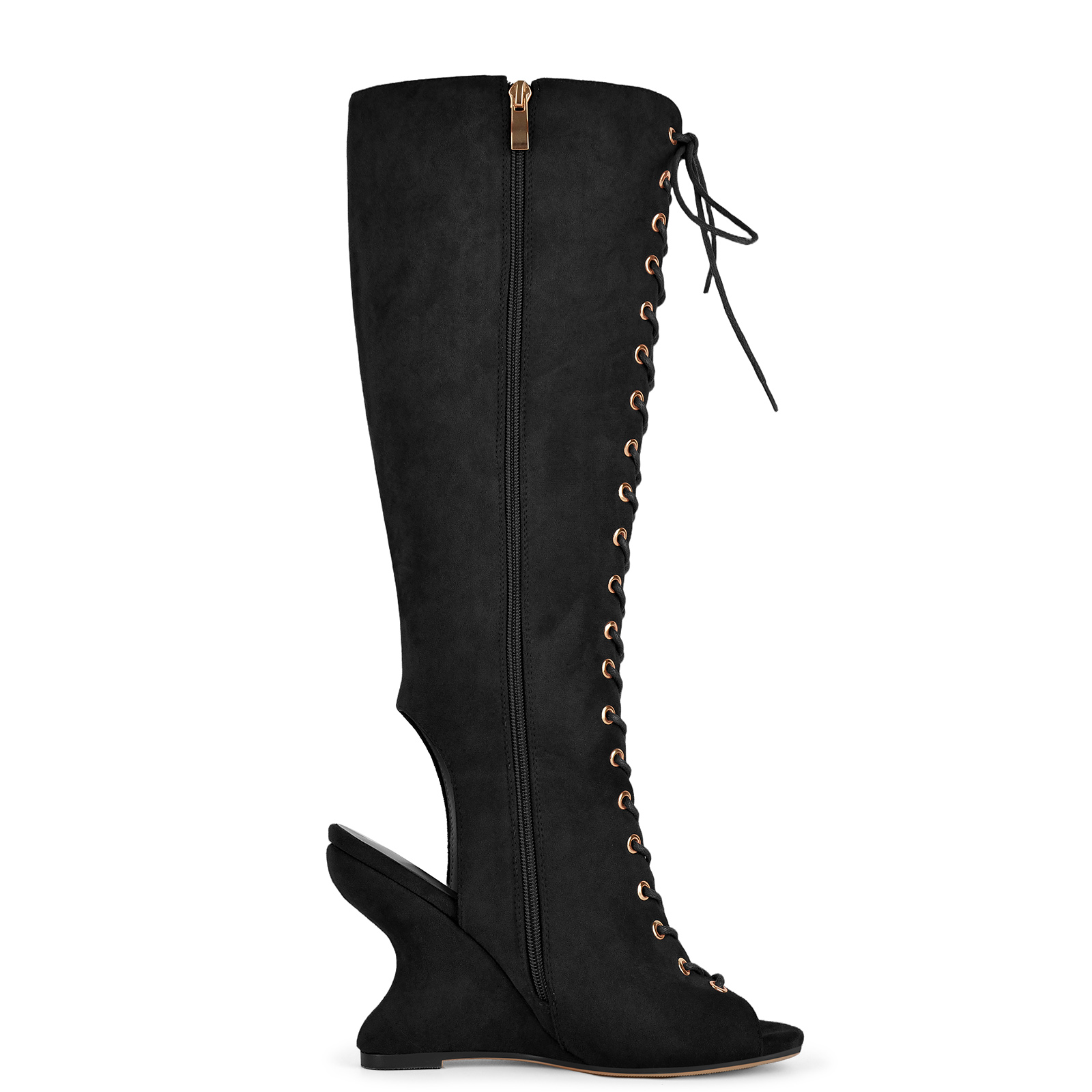 Open Toe Lace-up Wedge Heel Knee High Boots