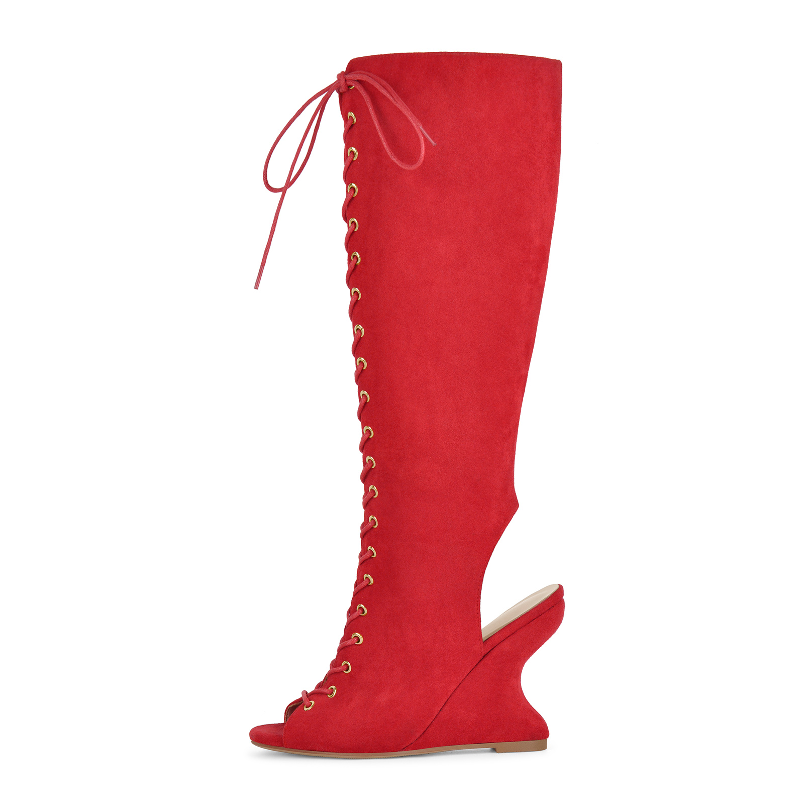 Open Toe Lace-up Wedge Heel Knee High Boots