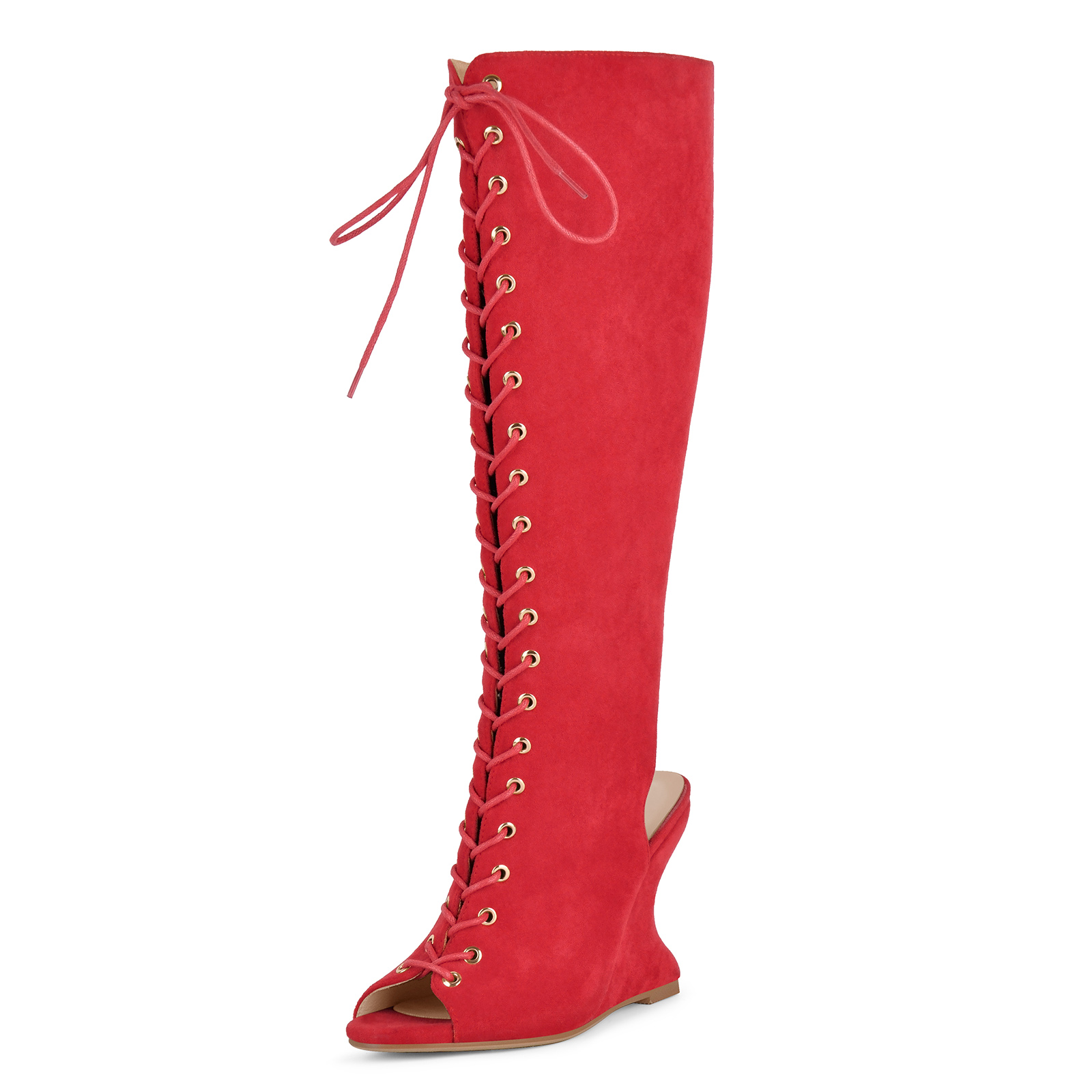 Open Toe Lace-up Wedge Heel Knee High Boots