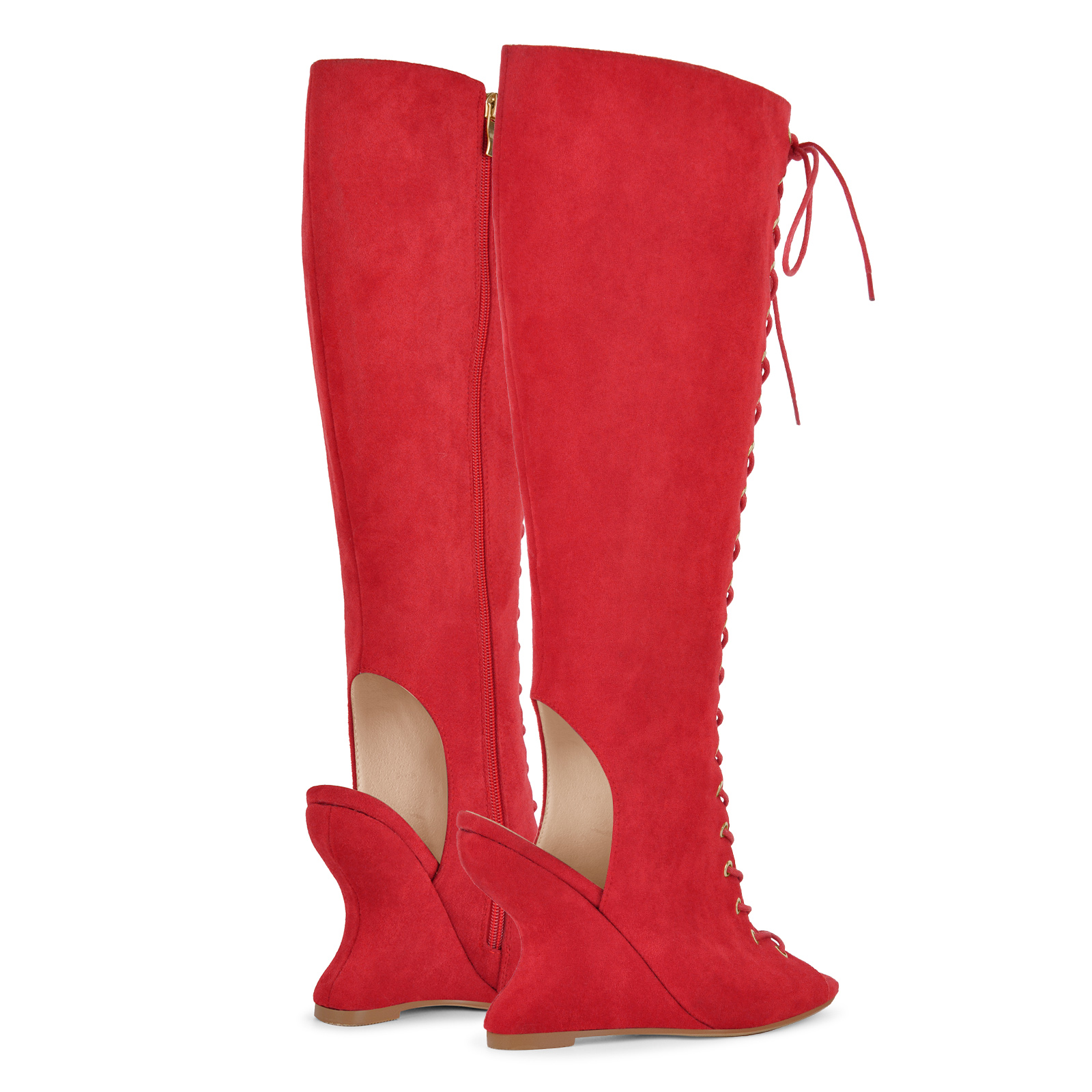Open Toe Lace-up Wedge Heel Knee High Boots