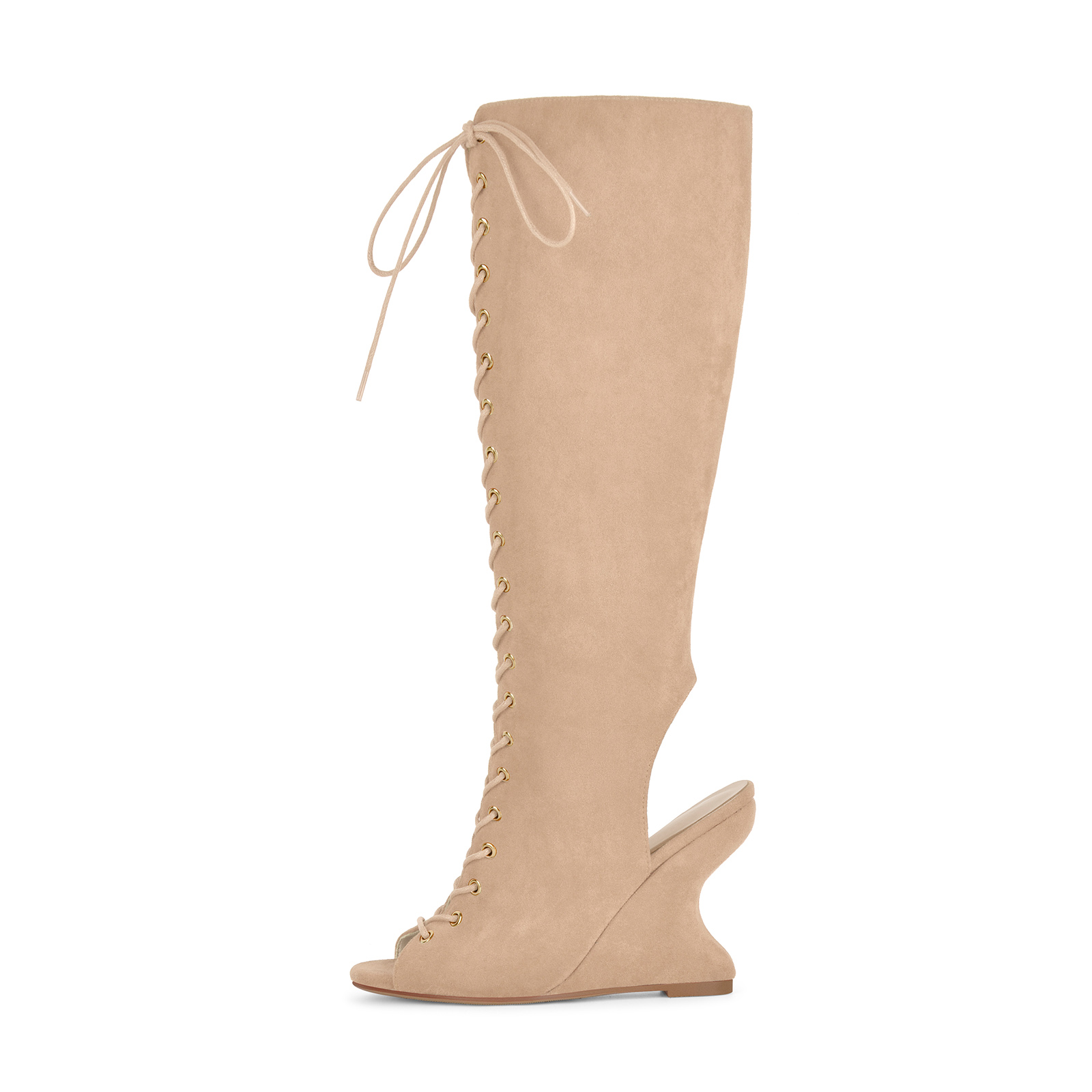 Open Toe Lace-up Wedge Heel Knee High Boots