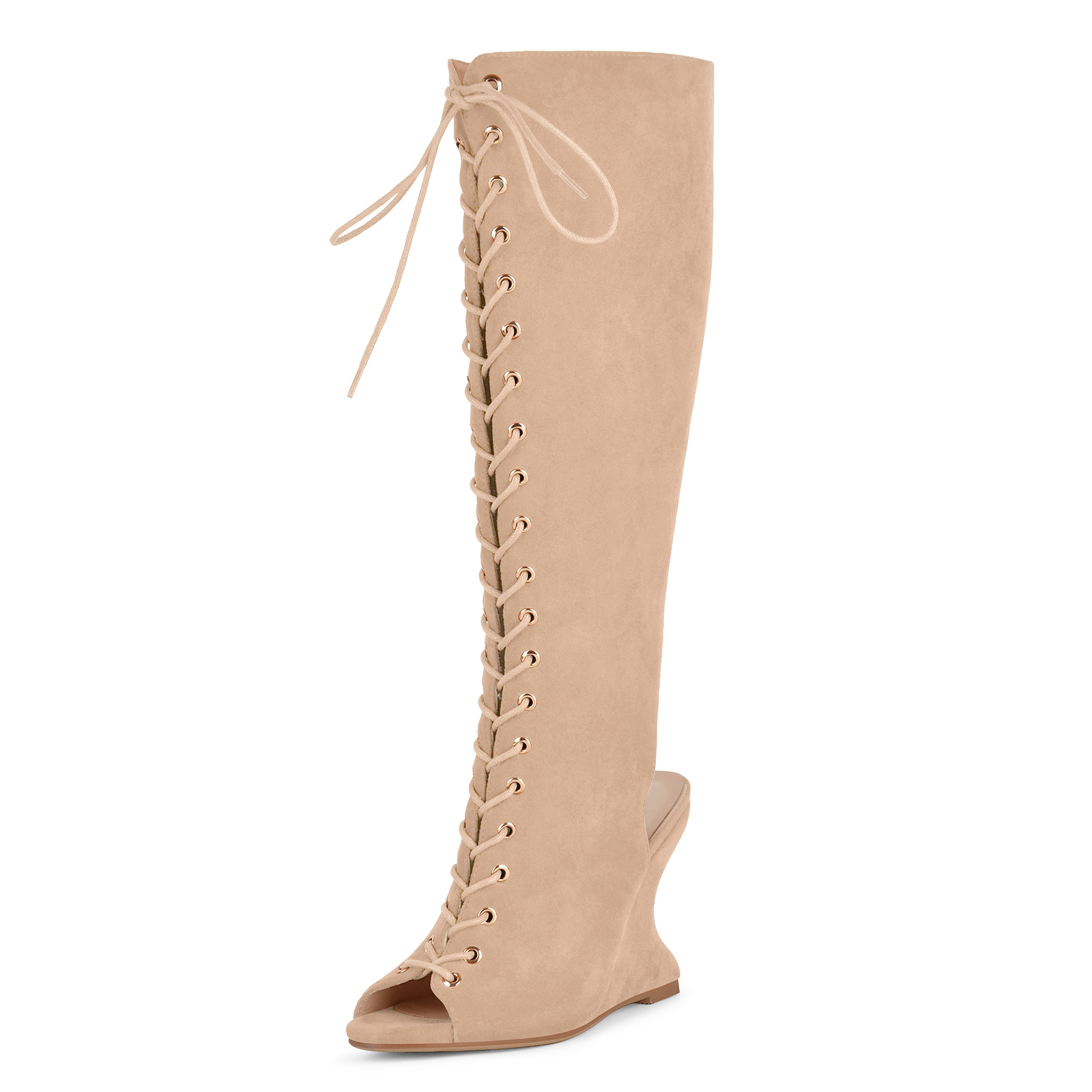 Open Toe Lace-up Wedge Heel Knee High Boots
