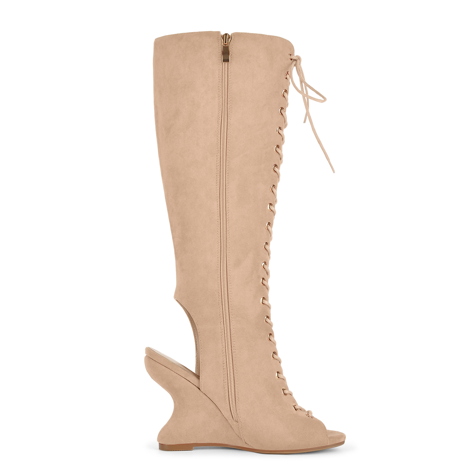 Open Toe Lace-up Wedge Heel Knee High Boots