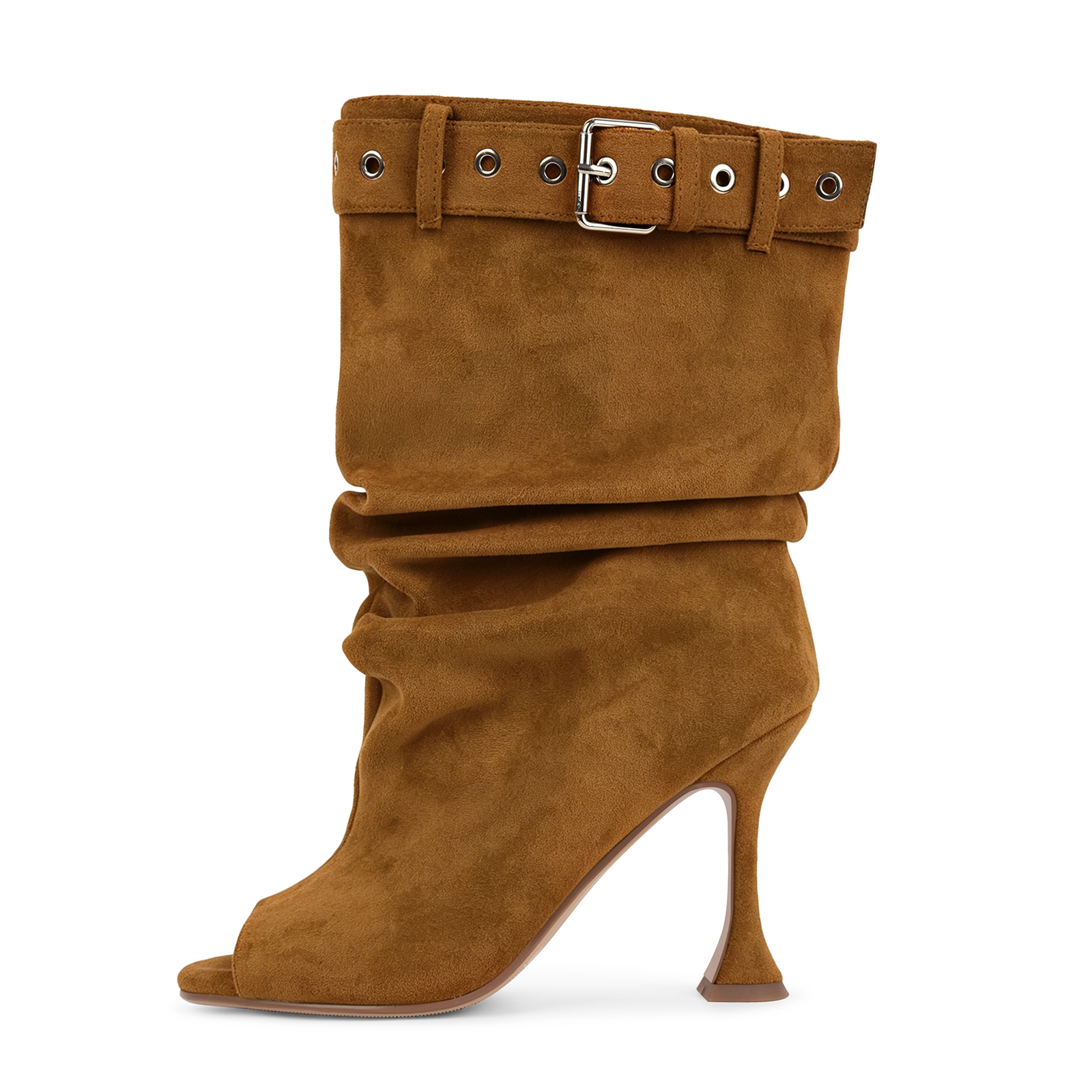 Open Toe Suede Pleated Buckle Strap Ankle Boots